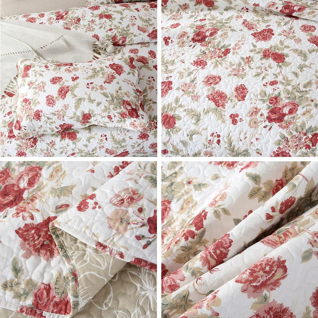 Vctops 3-Piece Romantic Rose Flower Print Bedspread Set