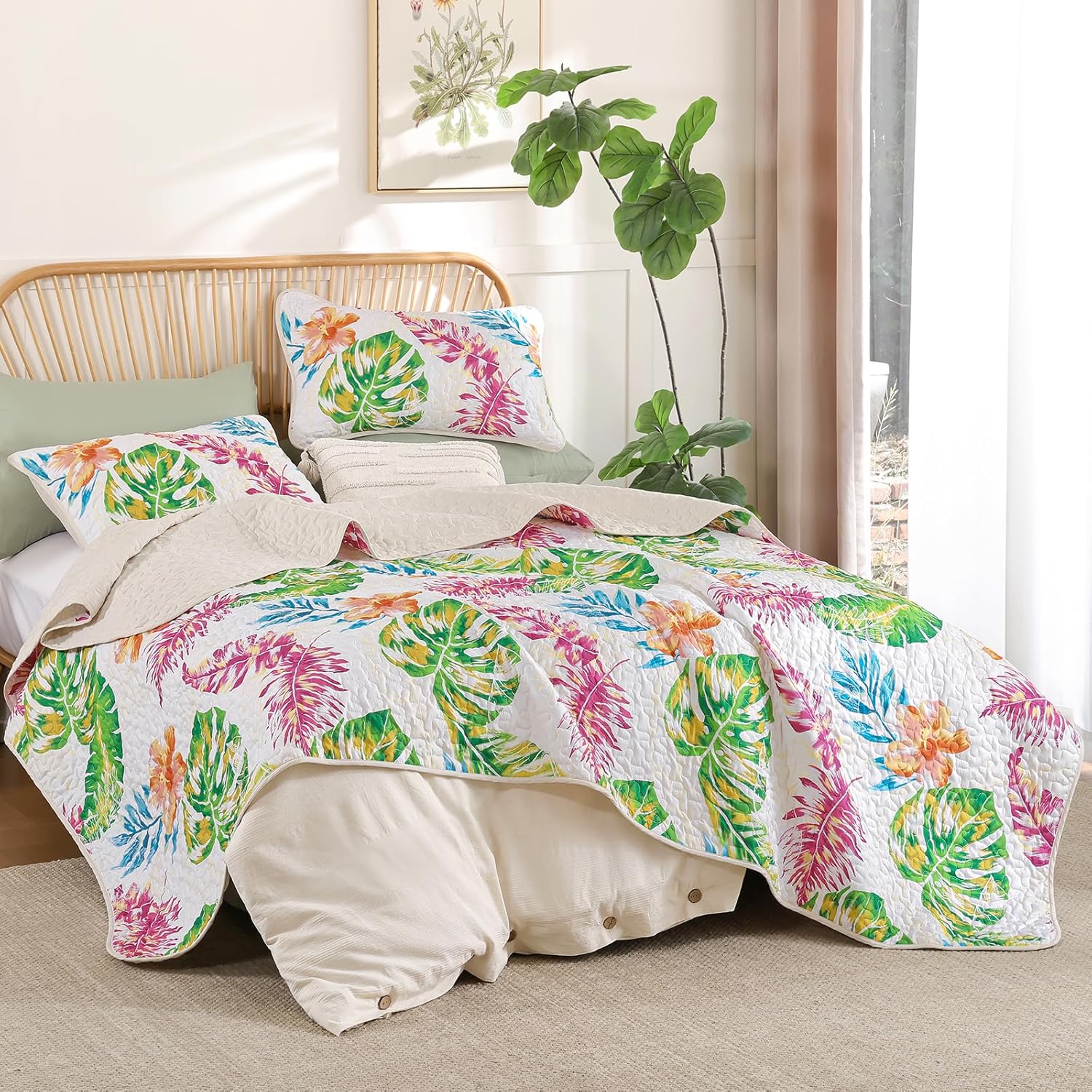 Luxudecor Tropical Plants Queen Quilt Set 3 Pieces