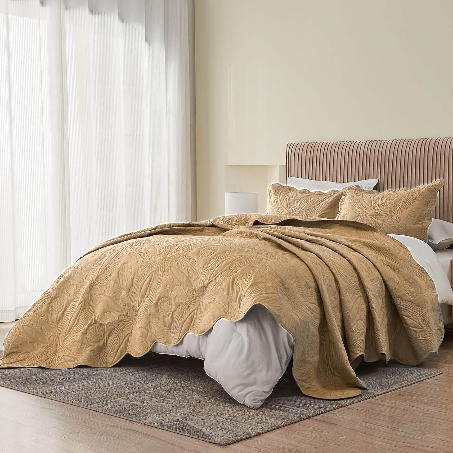 Kingnex Oversized King Bedspread Set 3 Piece Beige