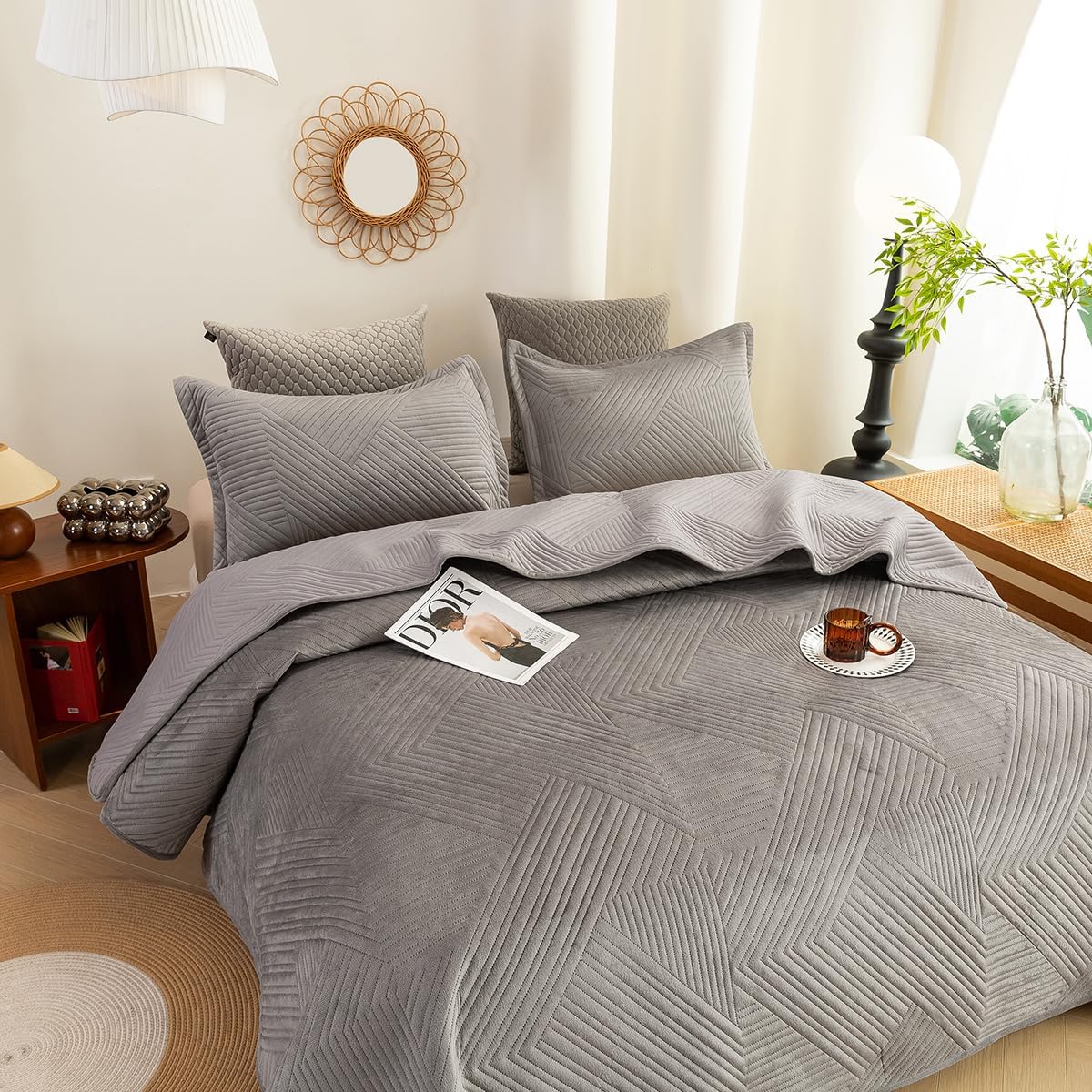 JiaPoem Quilt Set Bedspreads - Lightweight Microfiber Coin Pattern 3 Piece
