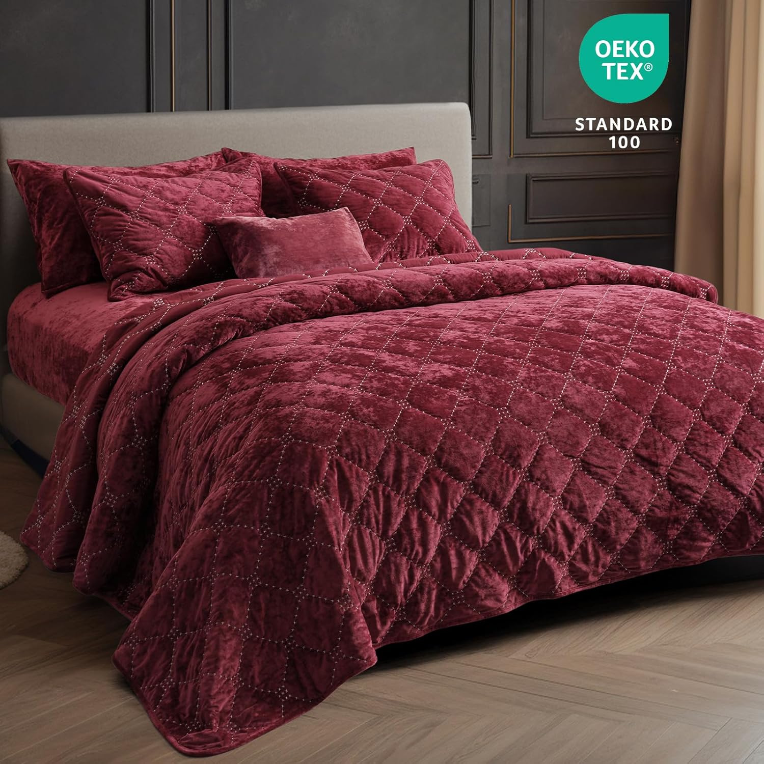 PHF Wine Red Velvet Quilt Set Twin Size