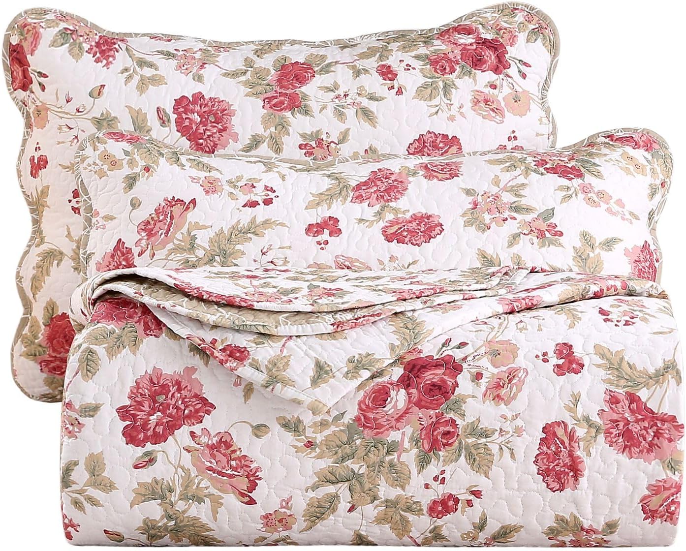 Vctops 3-Piece Romantic Rose Flower Print Bedspread Set