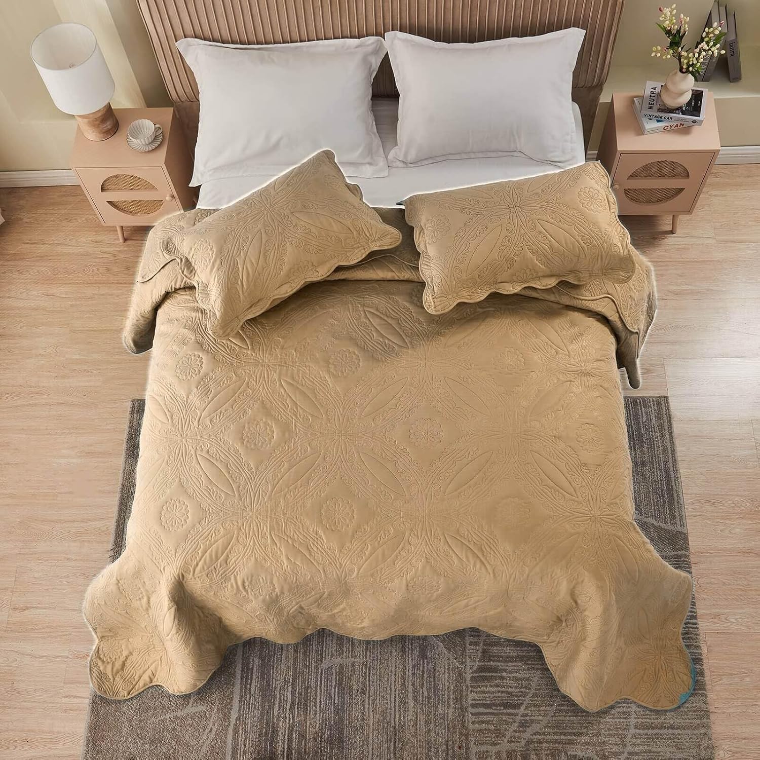 Kingnex Oversized King Bedspread Set 3 Piece Beige