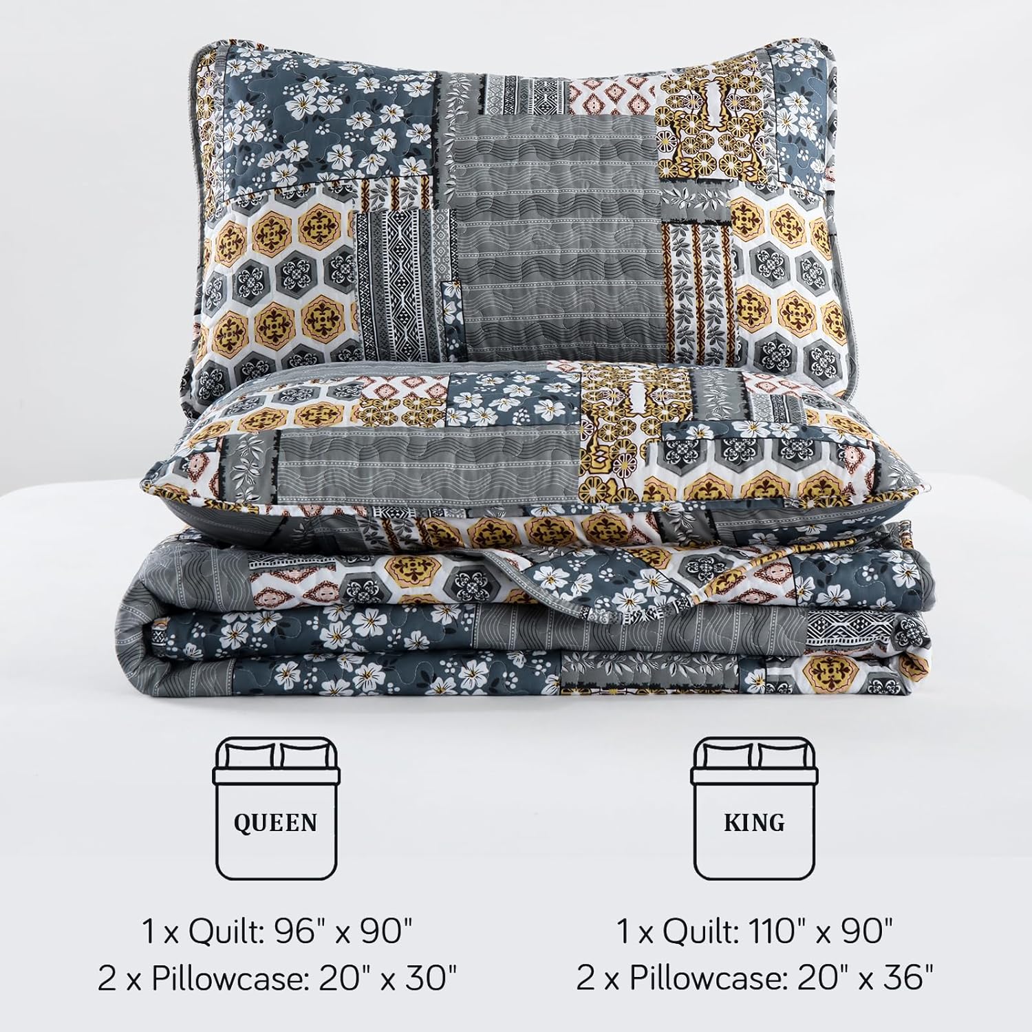 Mybedsoul Dark Grey Plaid Quilt Set King Size