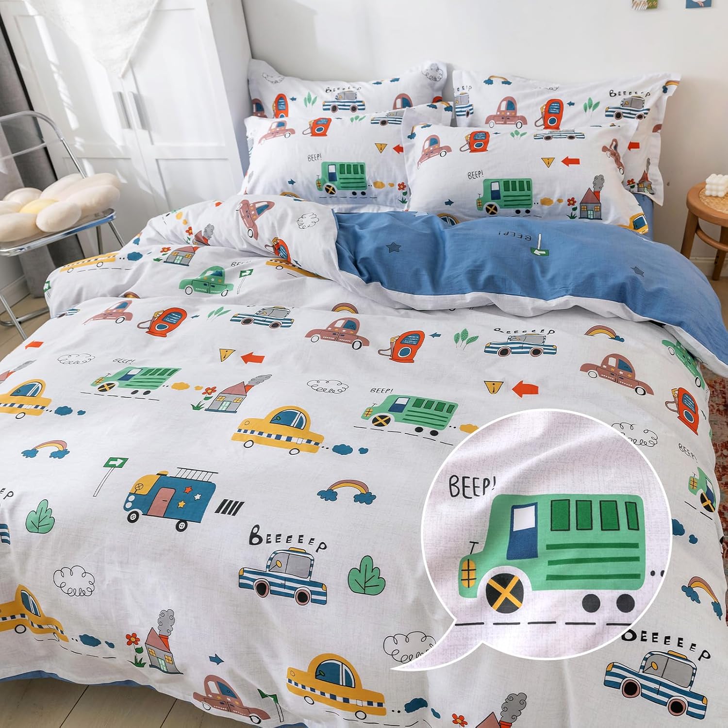 Kids Car Duvet Cover Set Twin Size - 100 Cotton