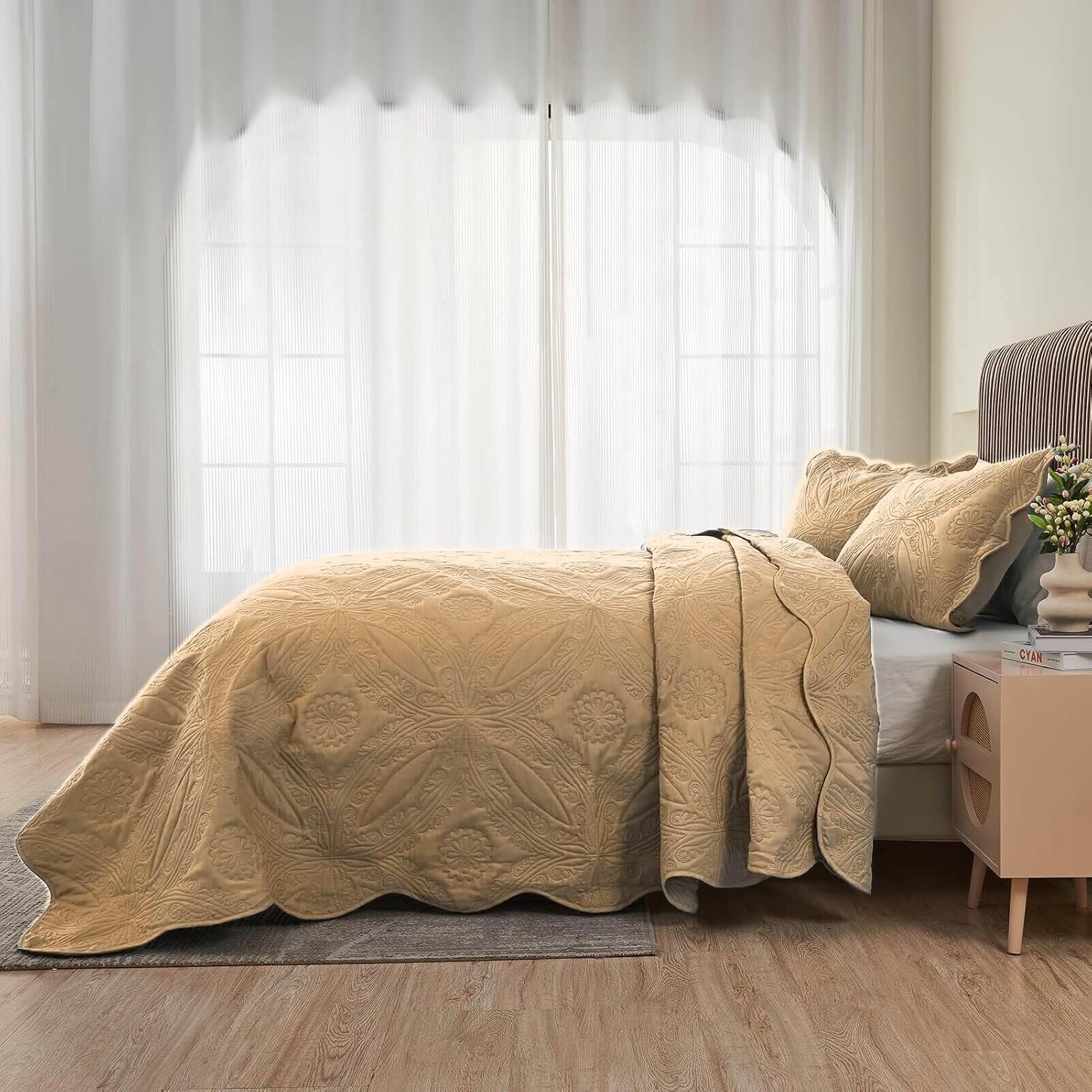 Kingnex Oversized King Bedspread Set 3 Piece Beige