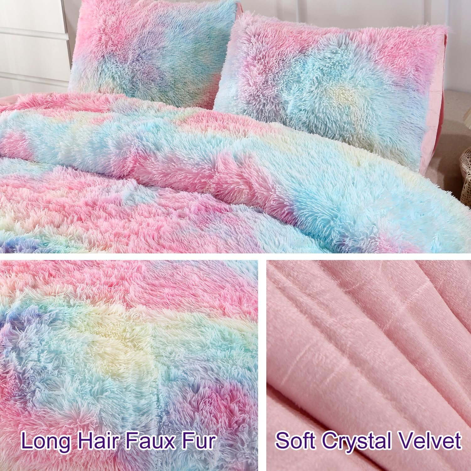 WINLIFE Rainbow Tie Dye Faux Fur Comforter Set Twin