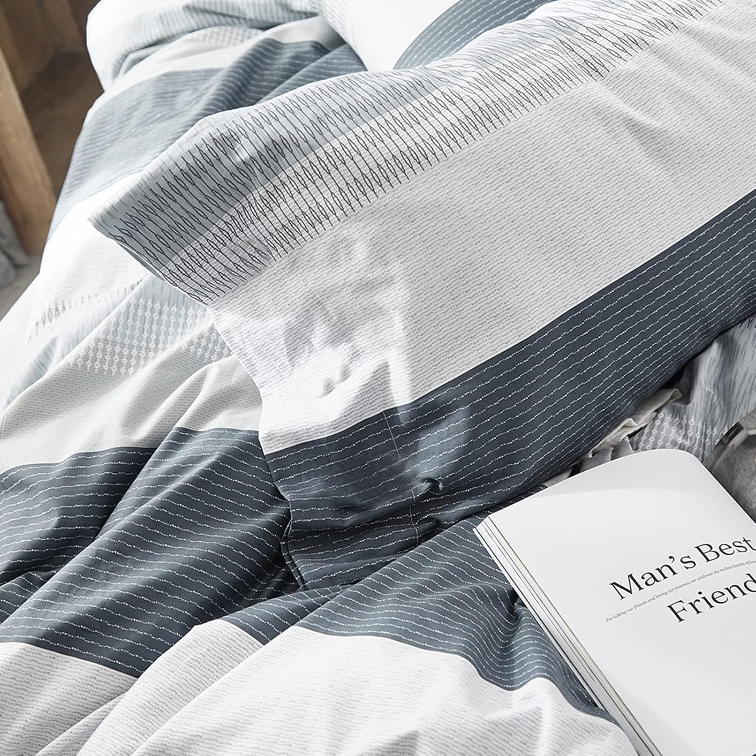 HighBuy Geometric Stripe Duvet Cover Queen Set Grey White