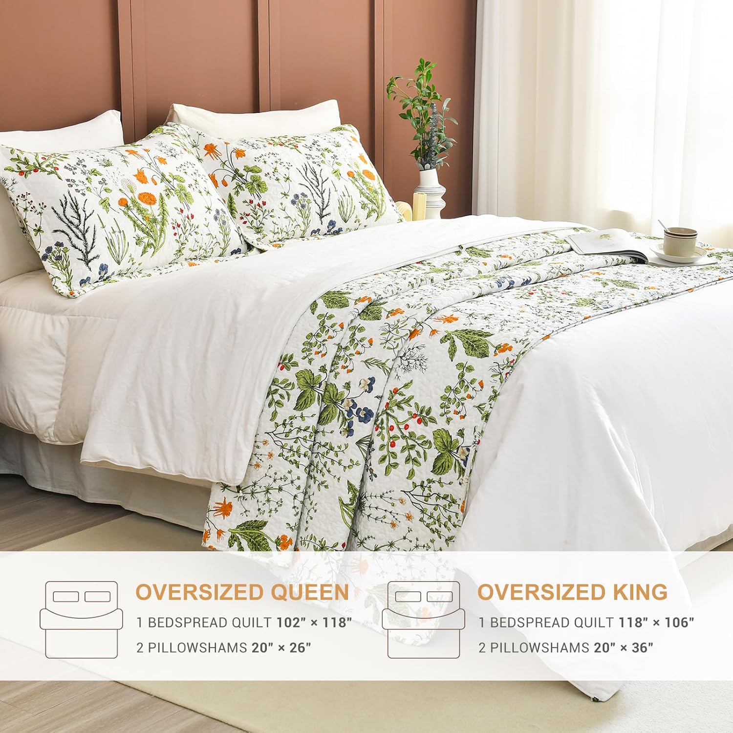 Lady Ann 100 Cotton Floral Queen Quilt Set - Yellow Flowers Leaves