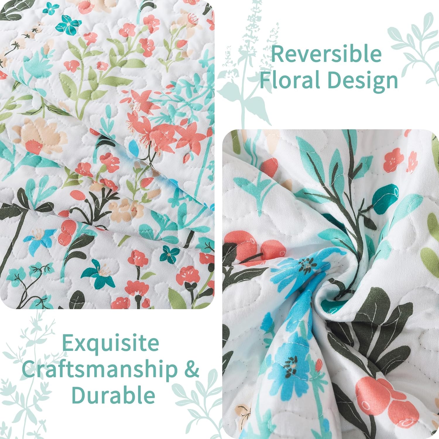 VAPUTAR Botanical Queen Quilt Set 3-Piece