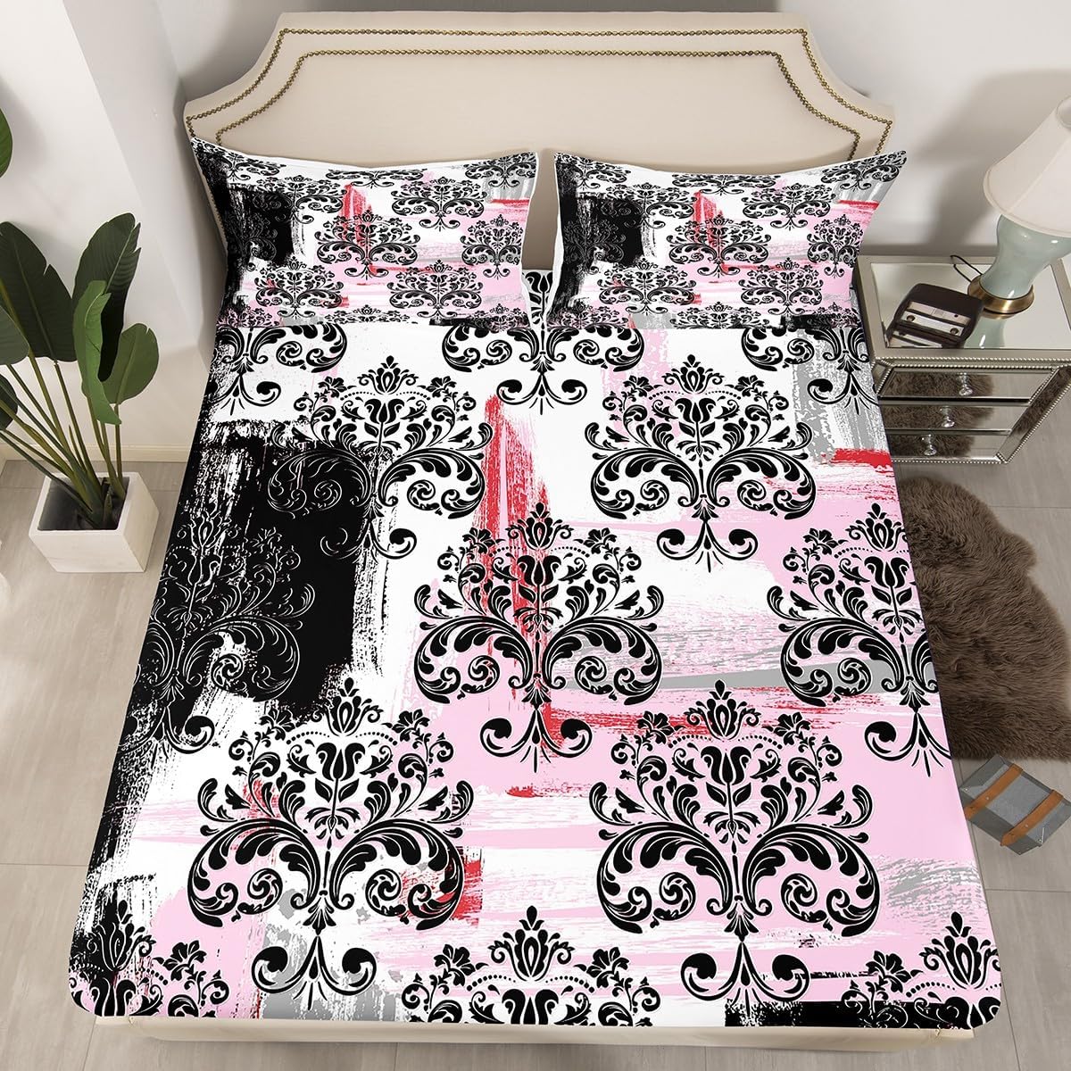 Erosebridal Pink Black Graffiti Twin Bed Sheet Set