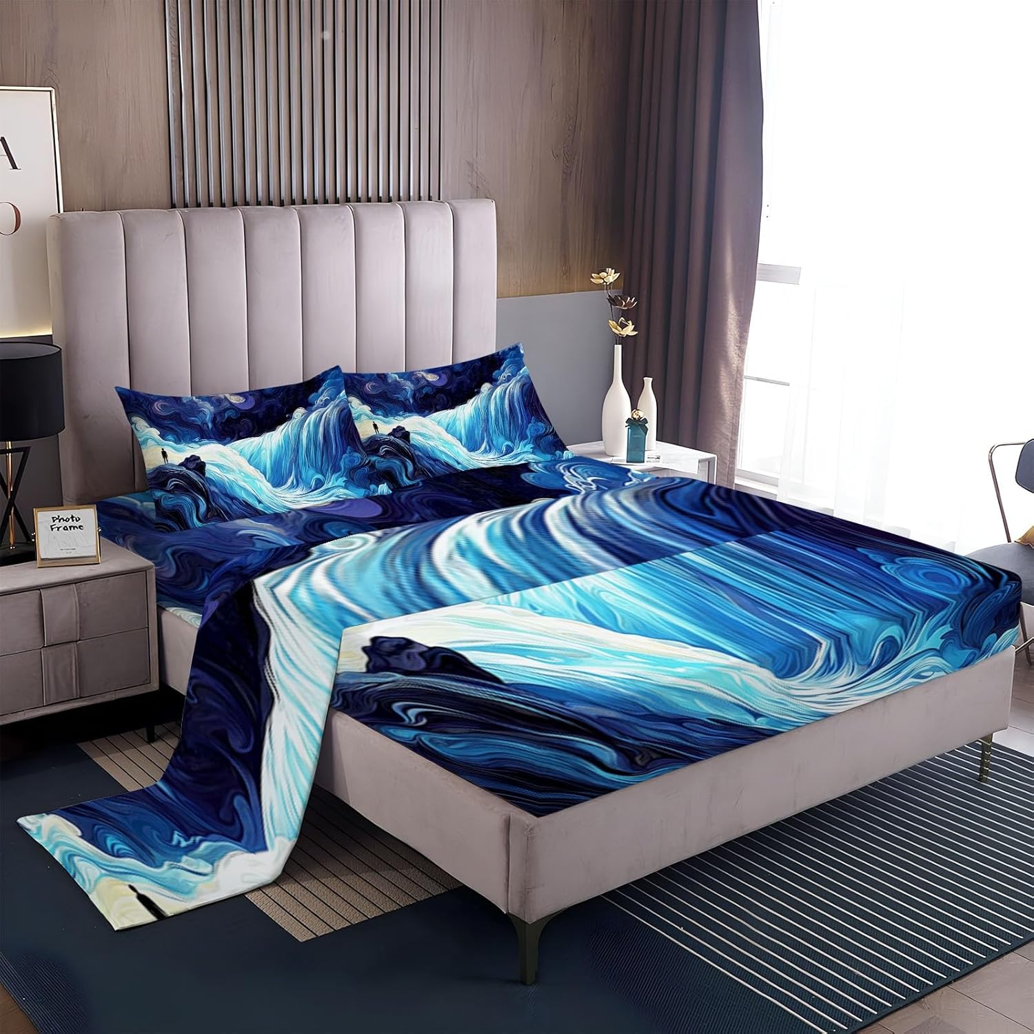 4 Piece Microfiber Bed Sheet Set Blue Abstract Waterfall Design