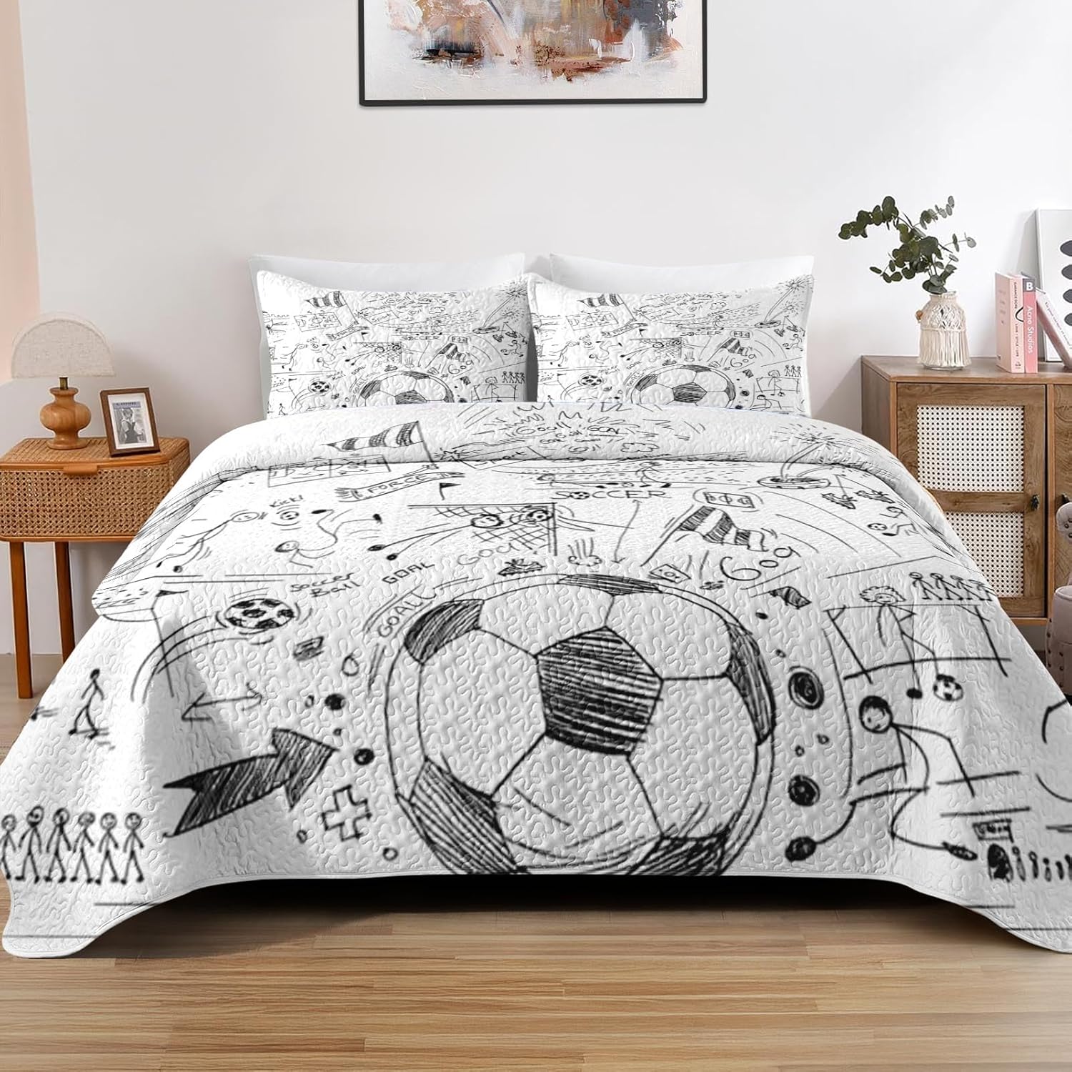 Pamnest Quilt Set Twin Size - Soccer Football Bedding with Pillow Sham