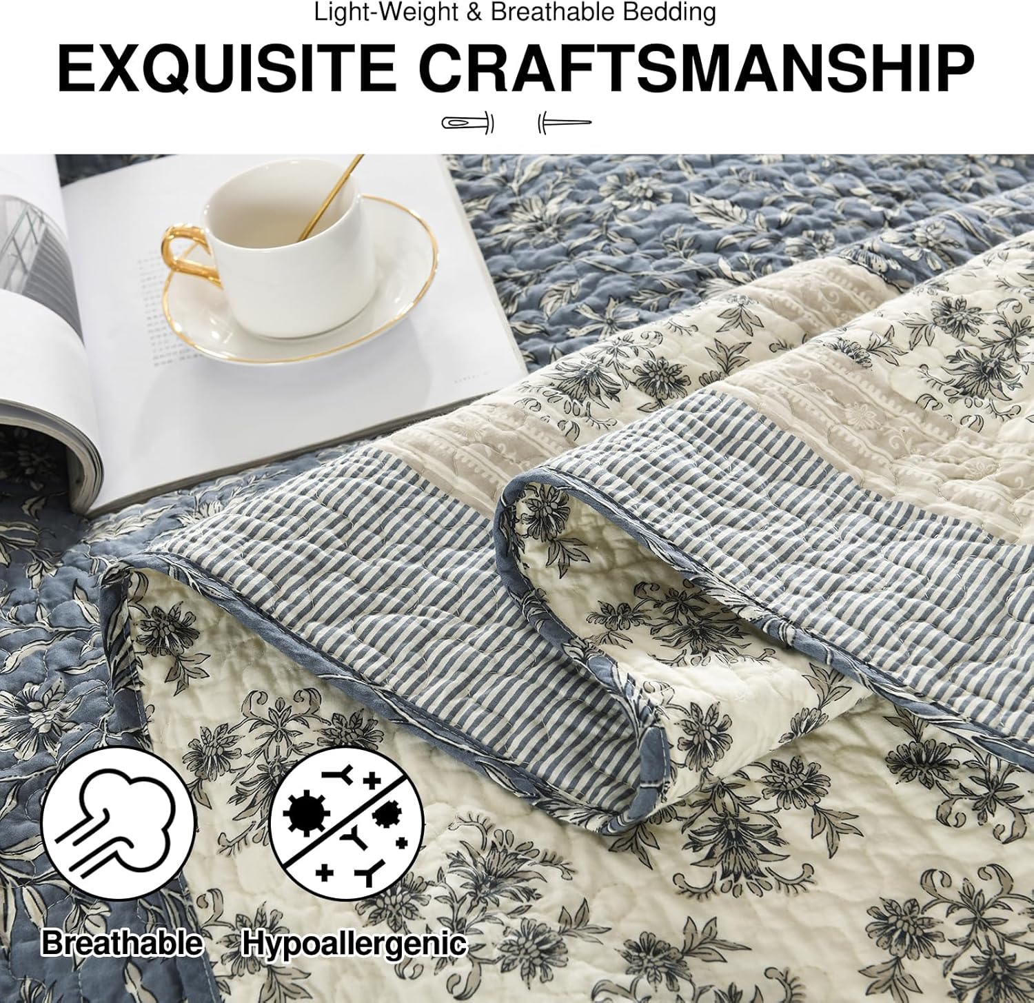 DDUOXIN Oversized King Bedspread Set - 128x120 Grayish BlueBeige