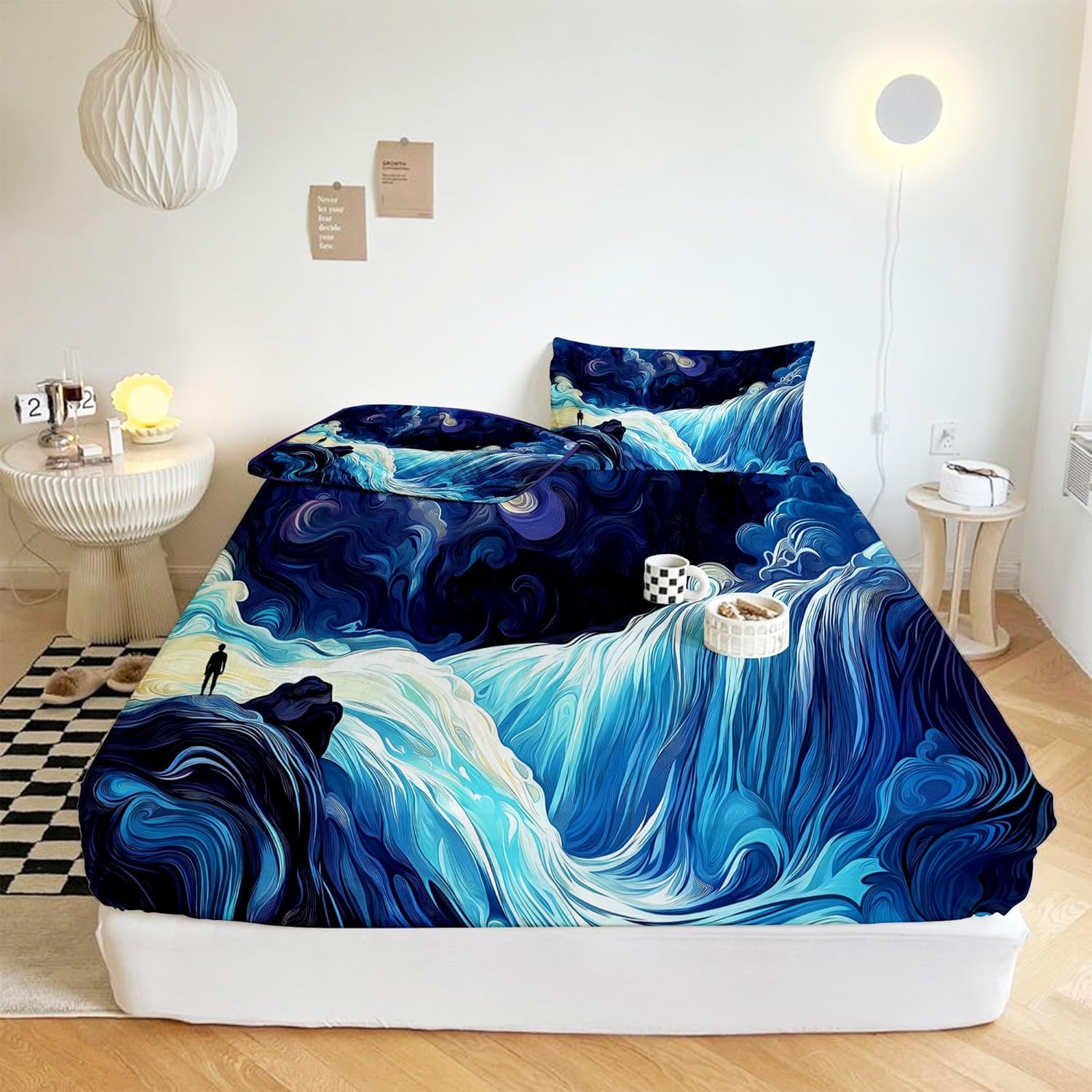 4 Piece Microfiber Bed Sheet Set Blue Abstract Waterfall Design