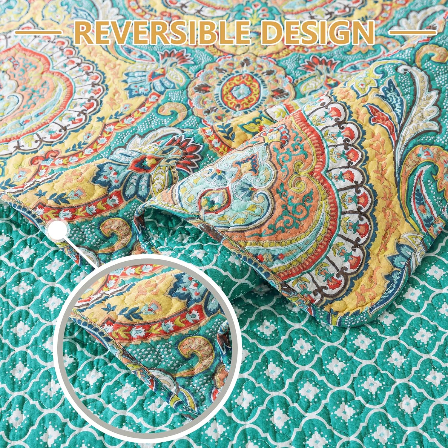 VAPUTAR Quilt Queen Bedding Set Yellow Blue 3 Pieces