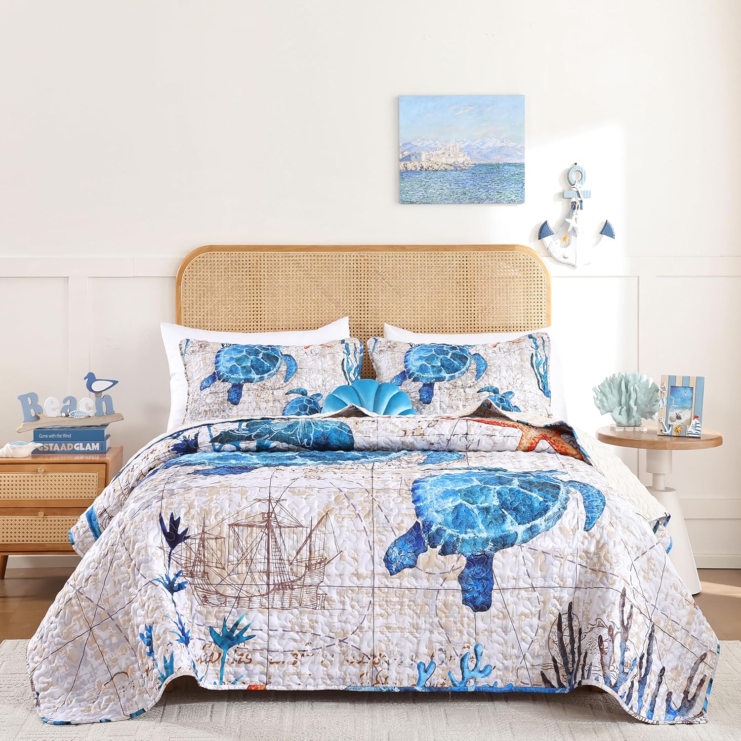Weigelia Coastal Queen Quilt Set - Sea Turtles Nautical Design