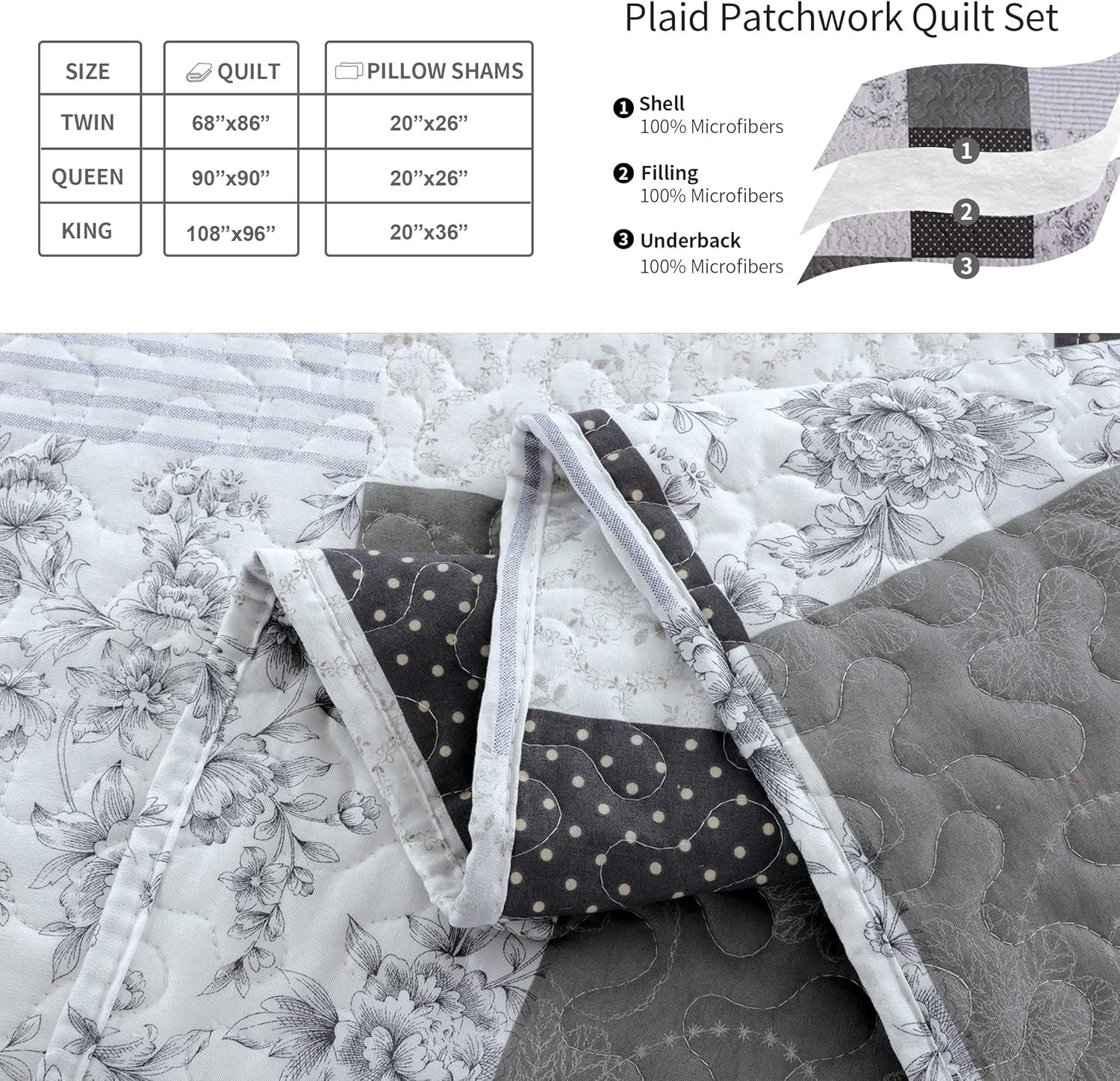 Jessy Home Modern Queen Bedspread Quilt Set - Grey Paisley Floral Plaid Reversible