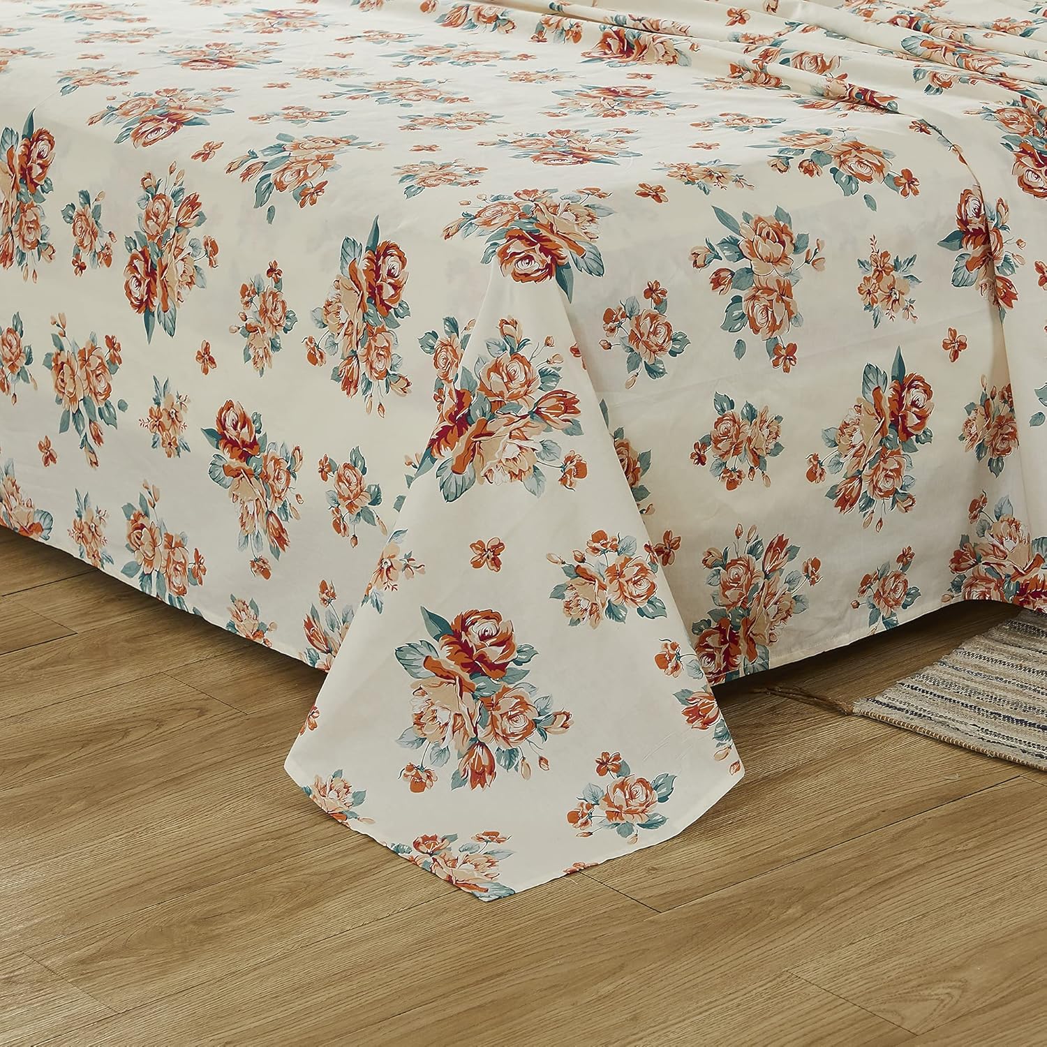 FADFAY Rose Beige Floral Shabby Bed Sheet Set 4Pcs
