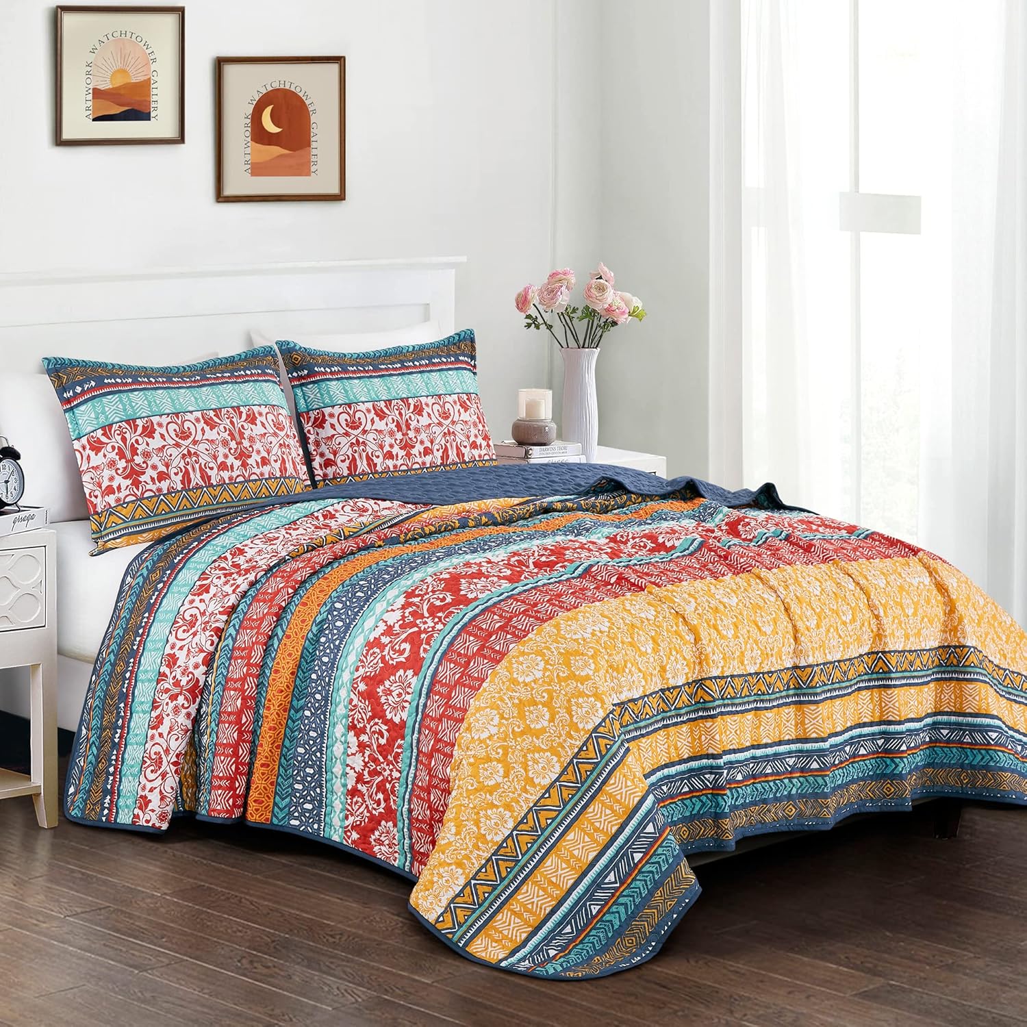 Chezmoi Collection Amara 3-Piece Boho Stripe Quilt Set
