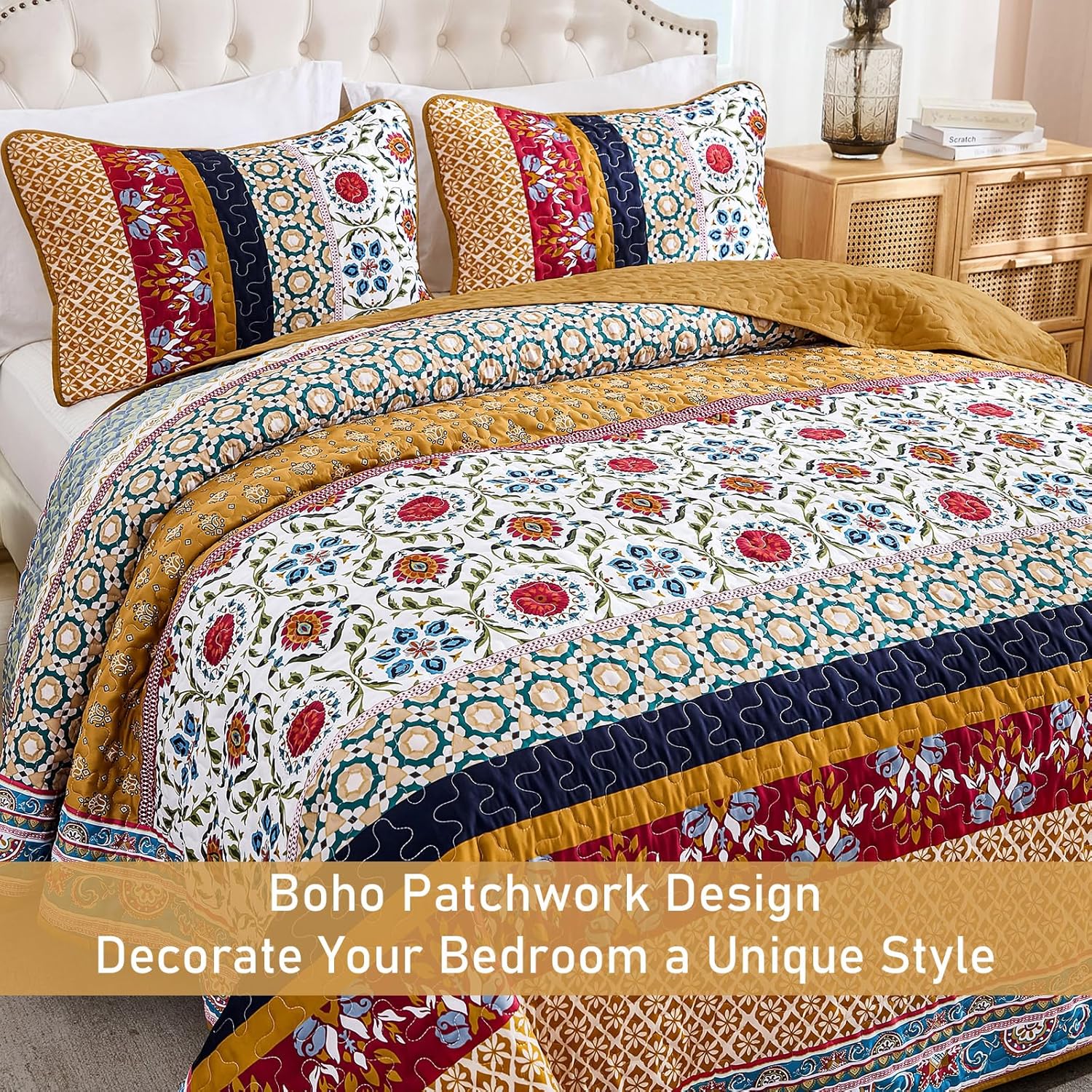 Yiran Boho Quilt Set Queen Size Tango Orange Patchwork Bedspreads