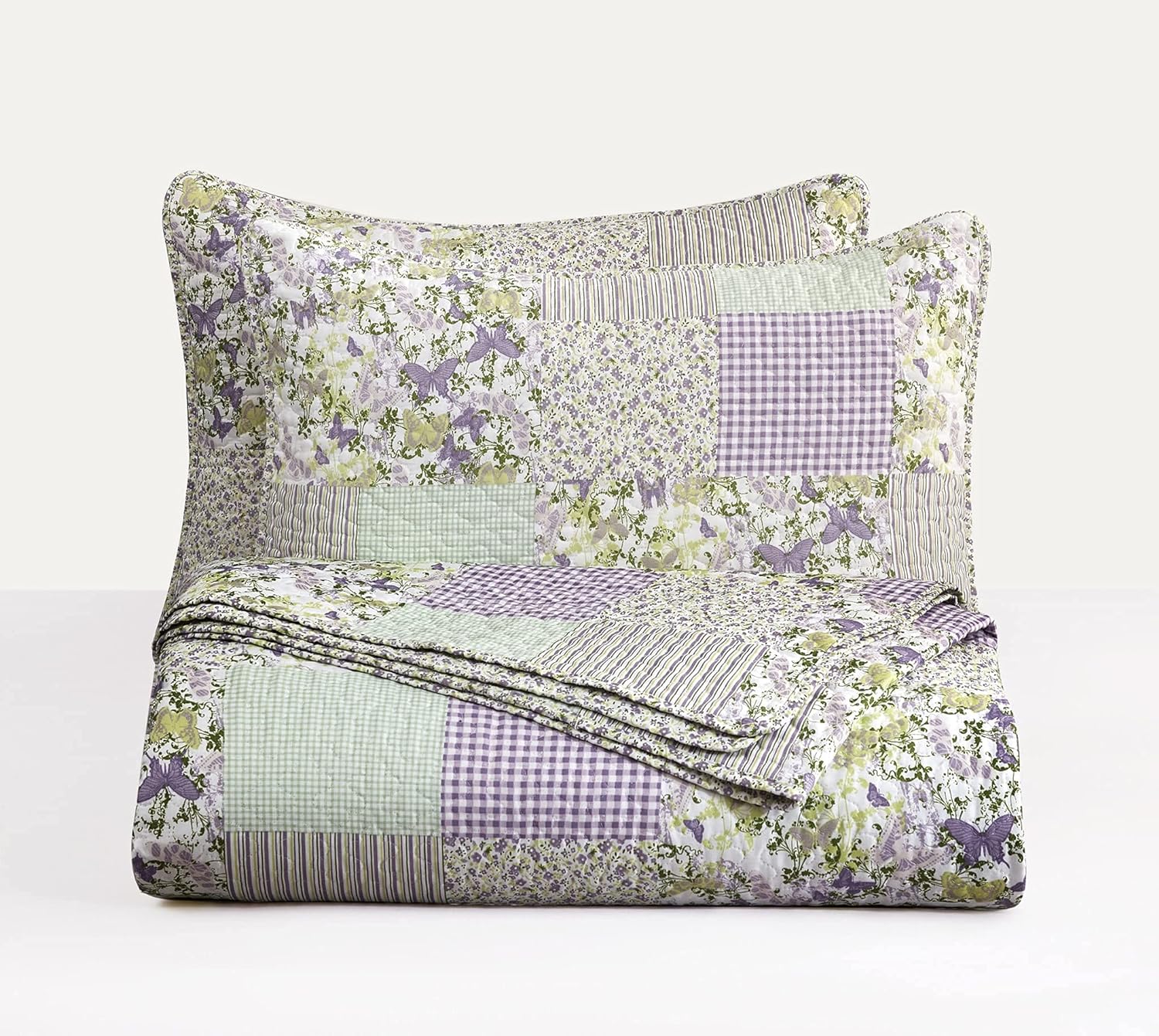 Chezmoi Daisy 3-Piece Quilt Set - Purple Butterfly Botanical Print