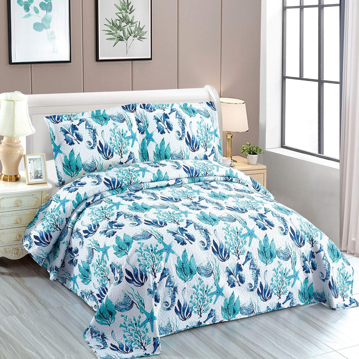 Coastal Bedding Set Queen Reversible Quilts Coverlet