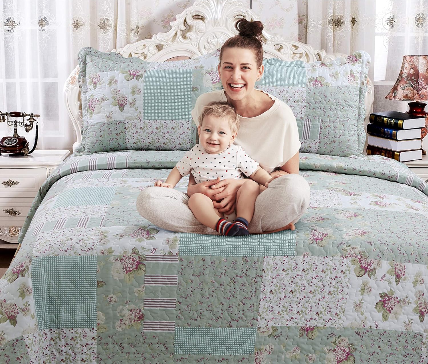 English Roses Quilt Set Reversible 3PCS Queen Size