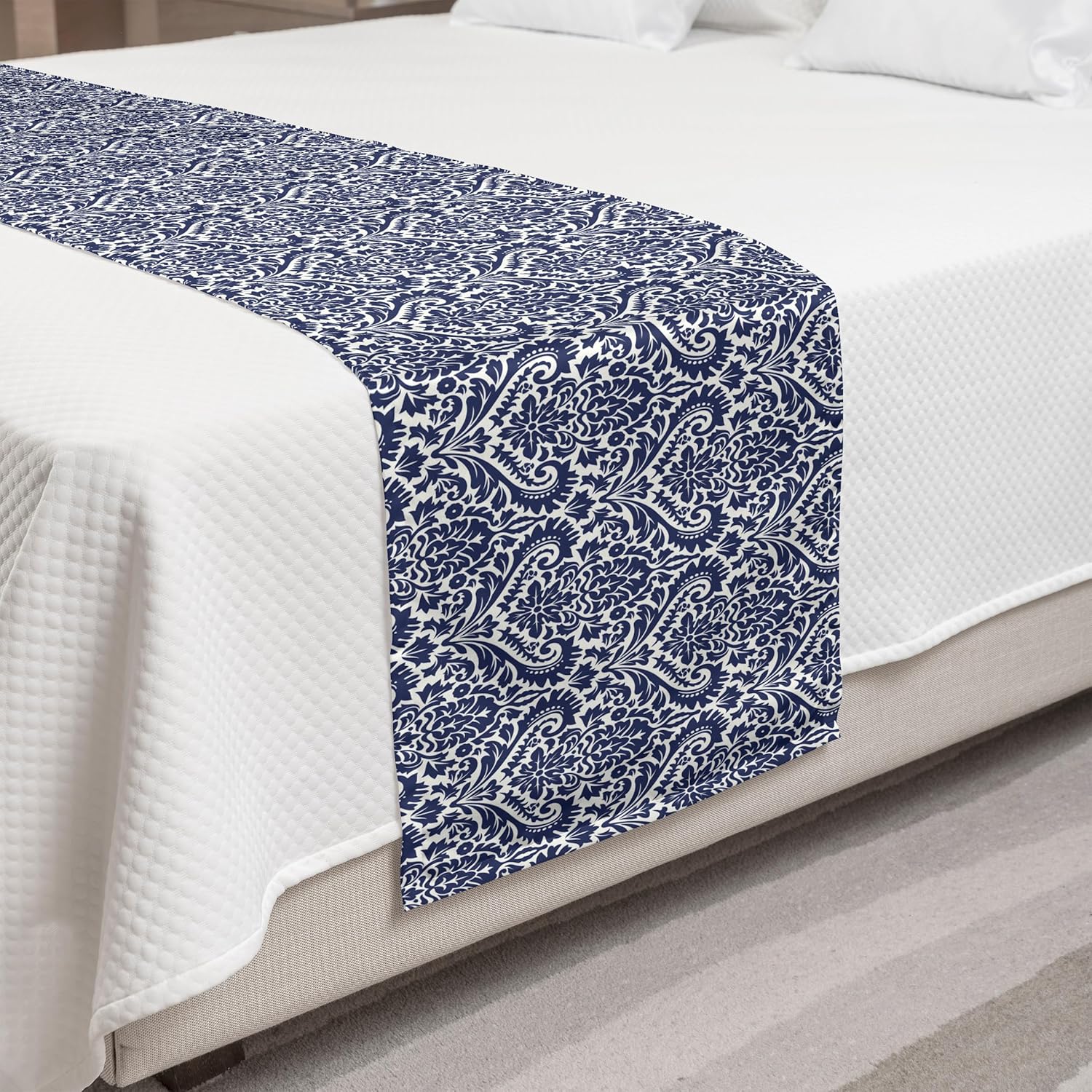 Ambesonne Victorian Bed Runner Baroque Damask Motif Queen Size Indigo and White