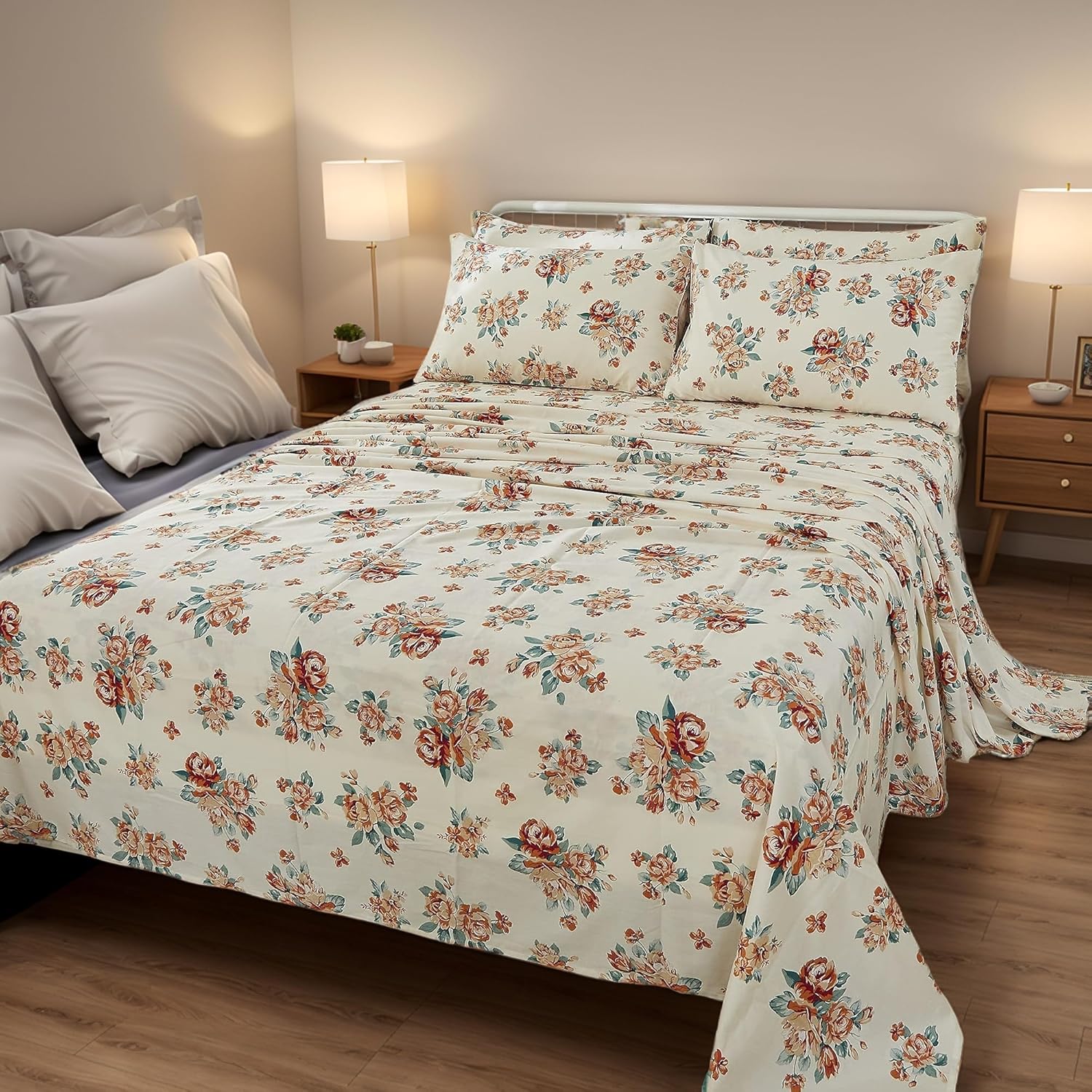 FADFAY Rose Beige Floral Shabby Bed Sheet Set 4Pcs