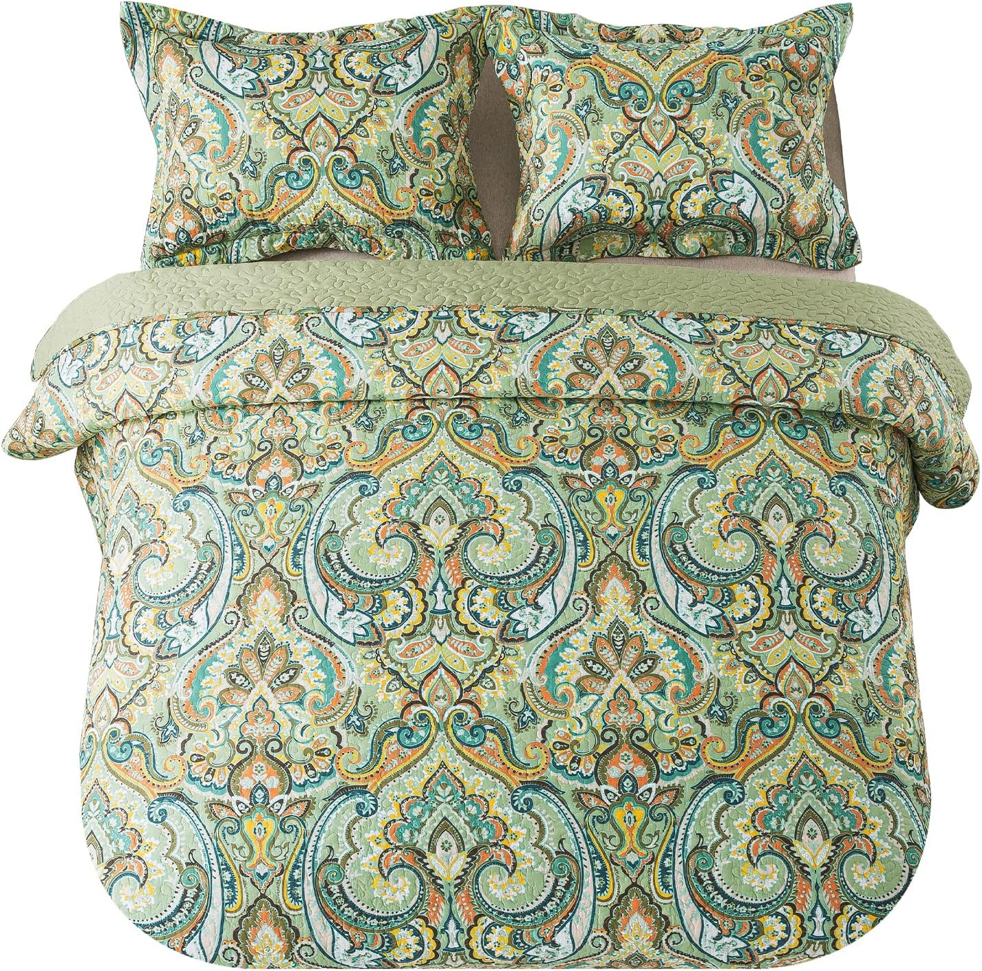 NEWLAKE Reversible Patchwork Quilt Set - European Green Floral California King