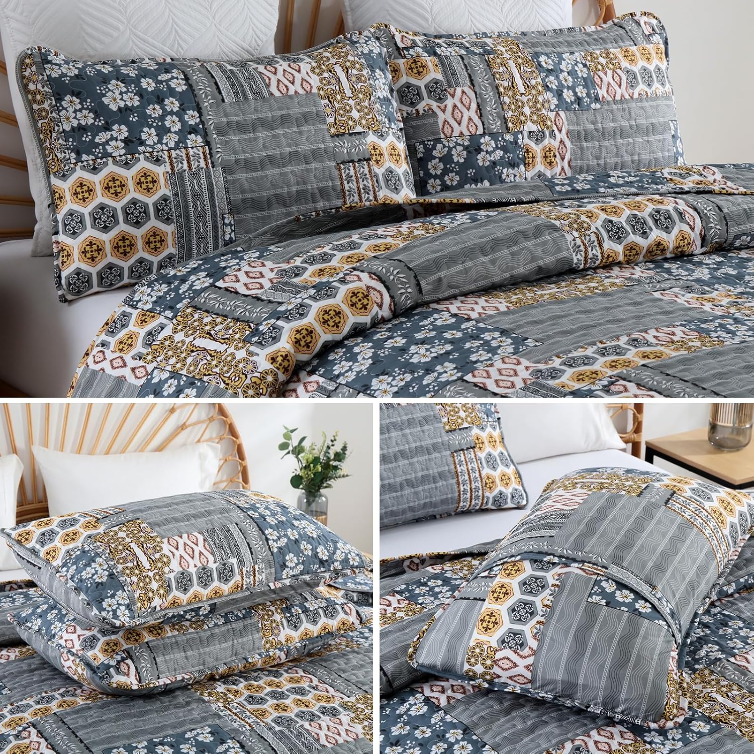 Mybedsoul Dark Grey Plaid Quilt Set King Size