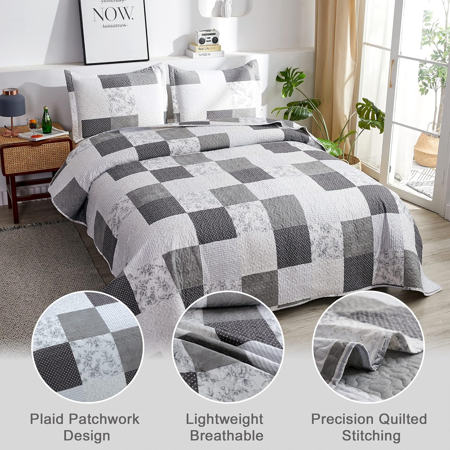 Jessy Home Modern Queen Bedspread Quilt Set - Grey Paisley Floral Plaid Reversible