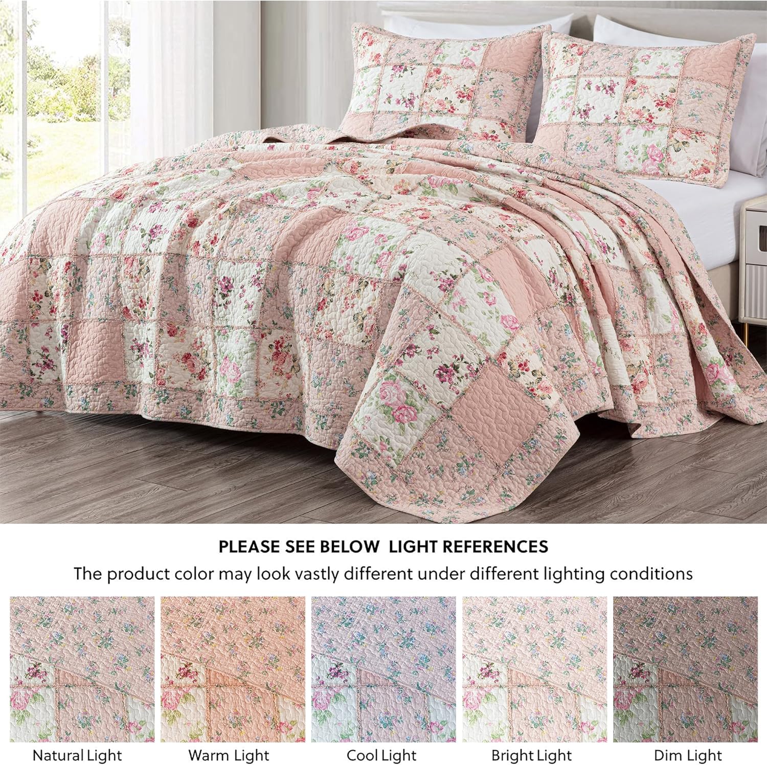 Chezmoi Abbi 3-Piece Pink Shabby Chic Quilt Set