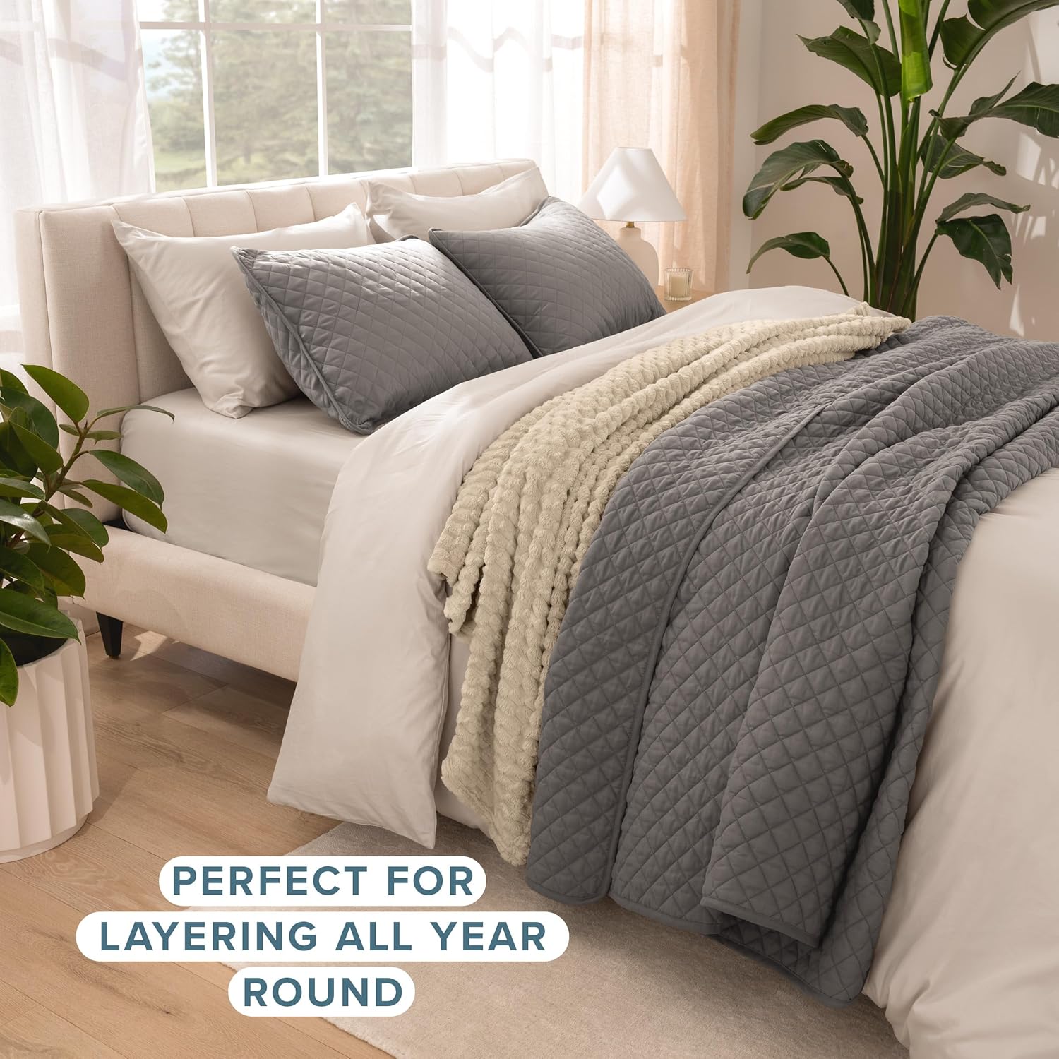 Bare Home Coverlet Set - 3 Piece Full Queen Grey Bedspread