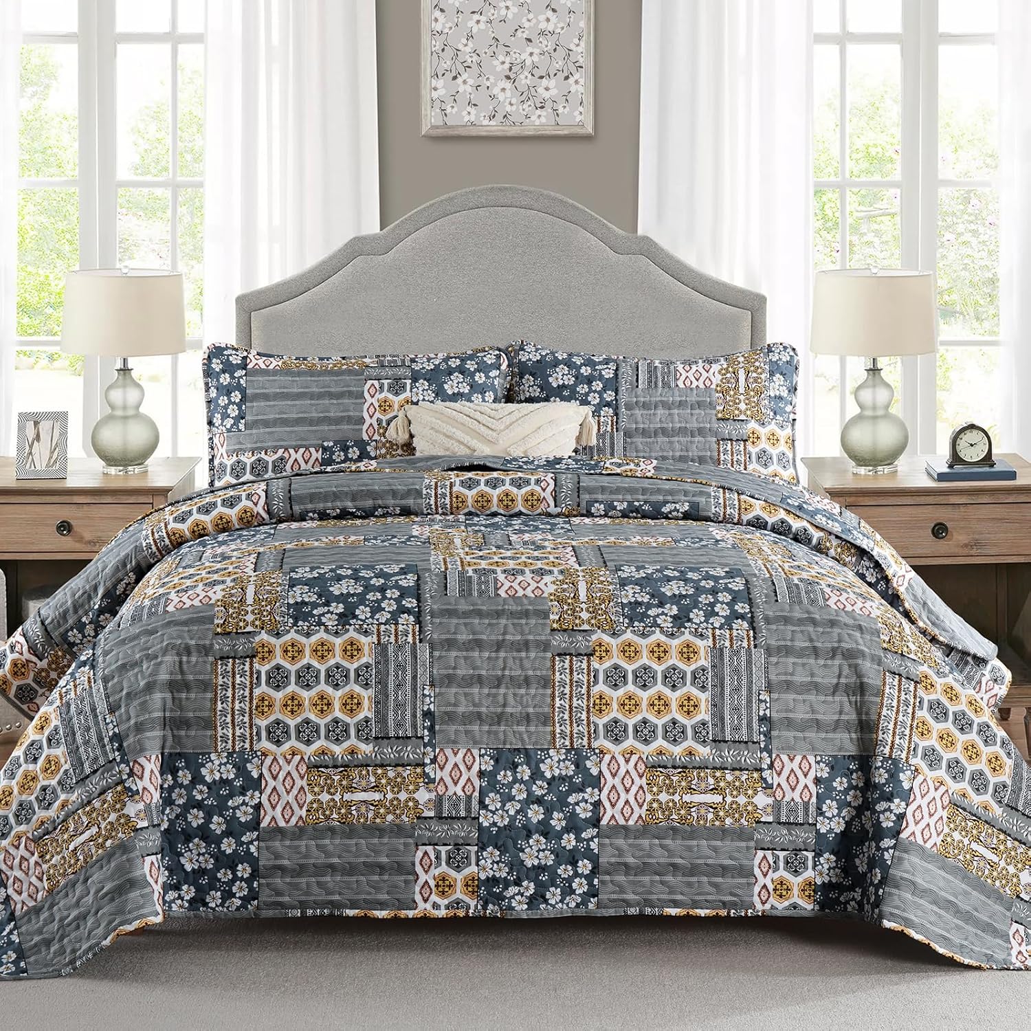 Mybedsoul Dark Grey Plaid Quilt Set King Size