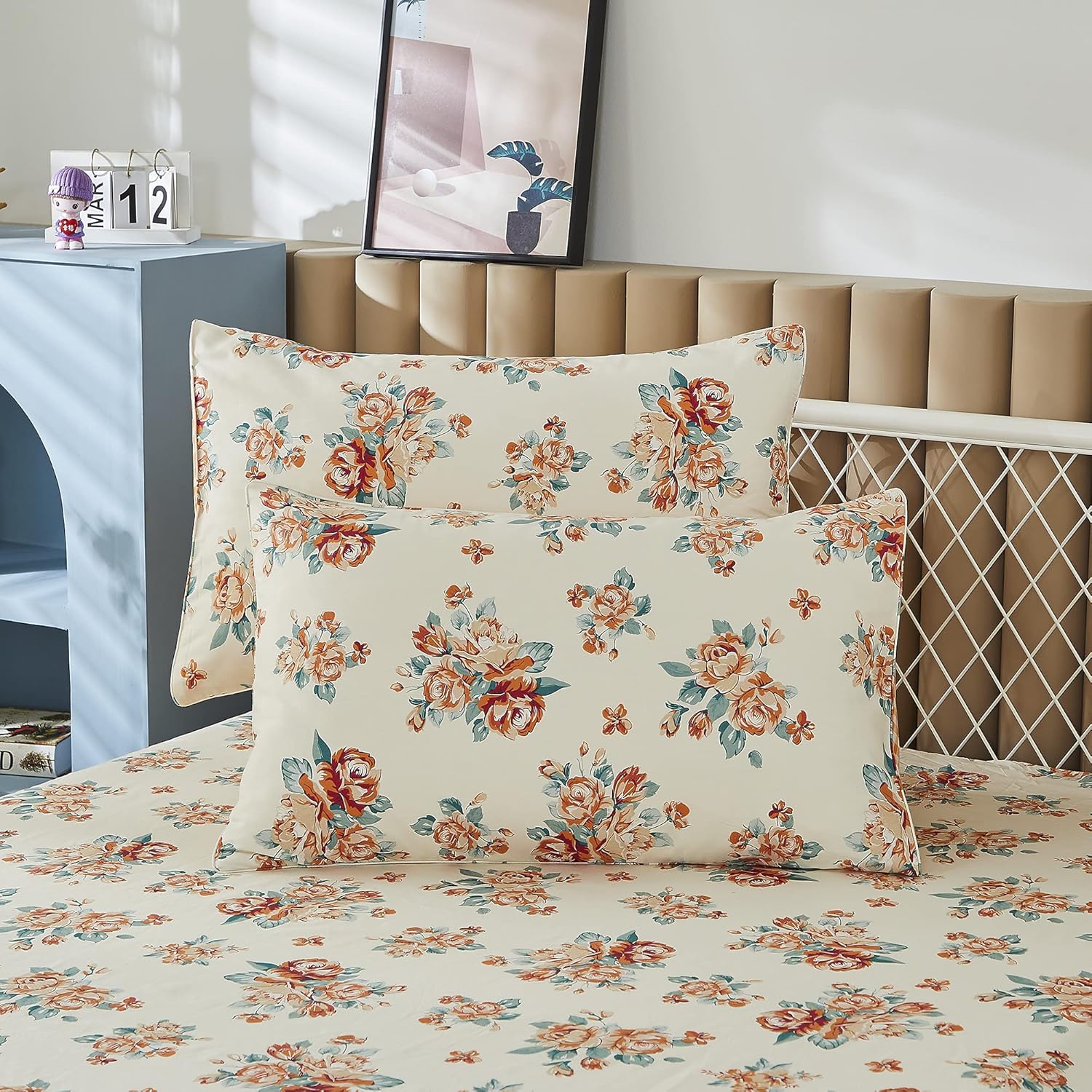 FADFAY Rose Beige Floral Shabby Bed Sheet Set 4Pcs