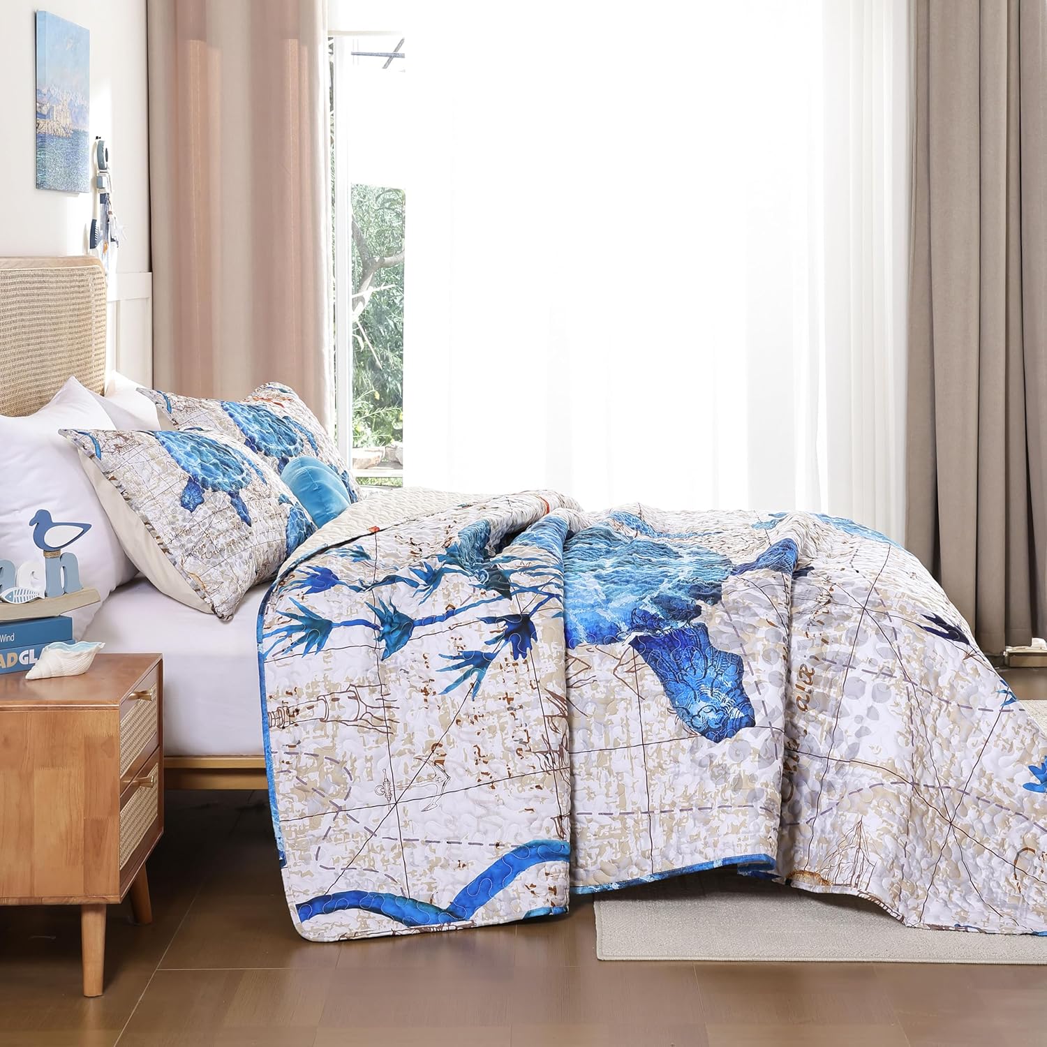Weigelia Coastal Queen Quilt Set - Sea Turtles Nautical Design