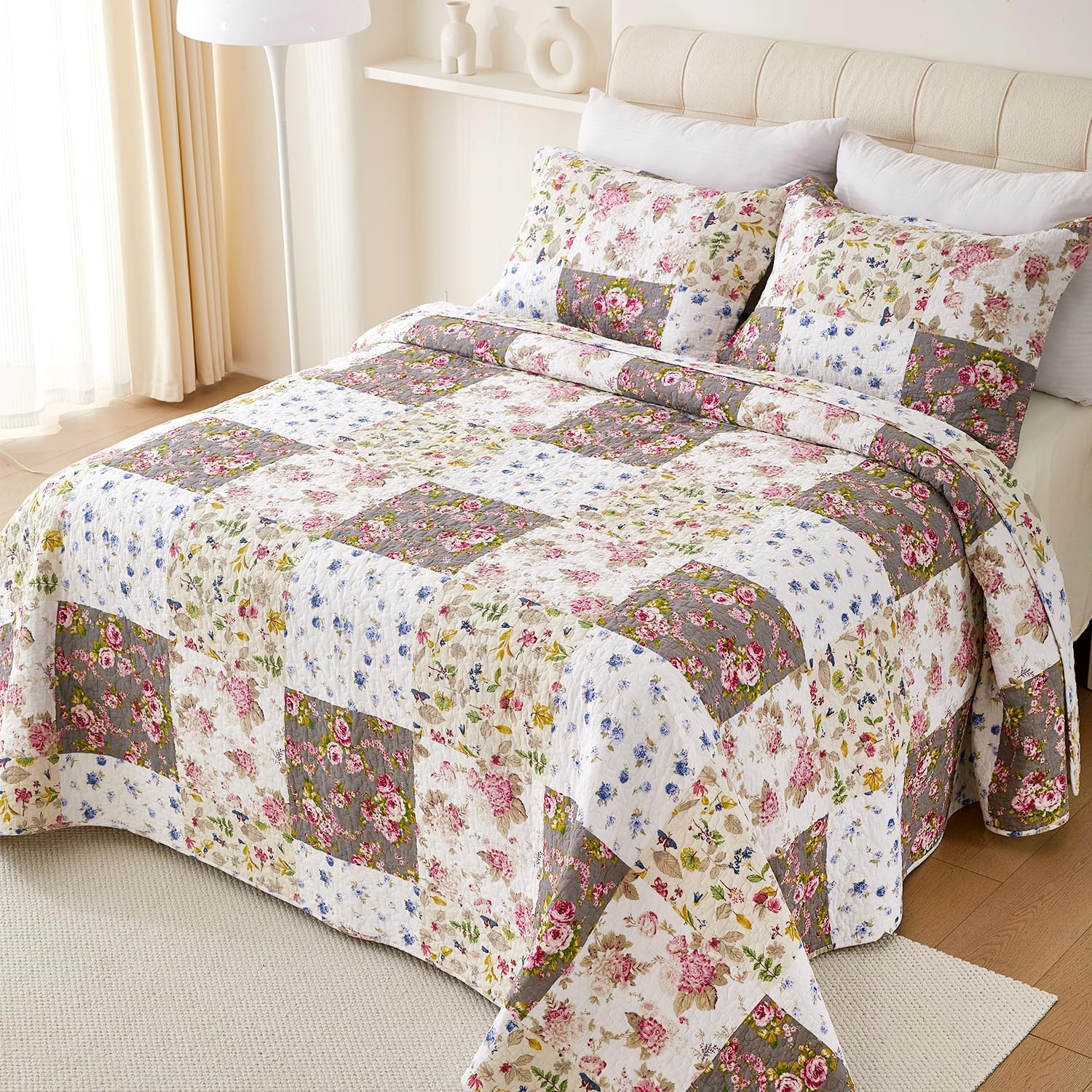 EVENHUG 100 Cotton Floral Queen Quilt Set 3 Pieces