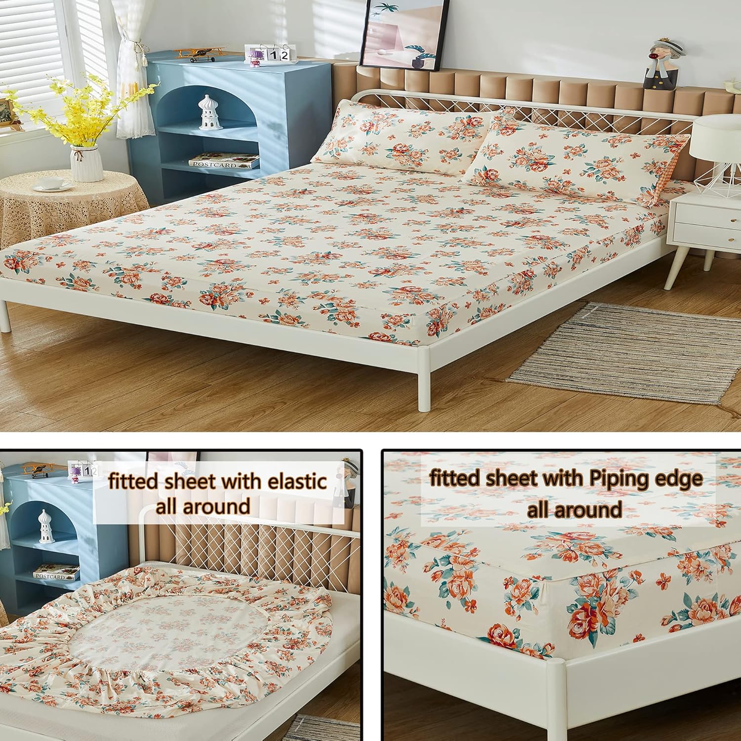 FADFAY Rose Beige Floral Shabby Bed Sheet Set 4Pcs
