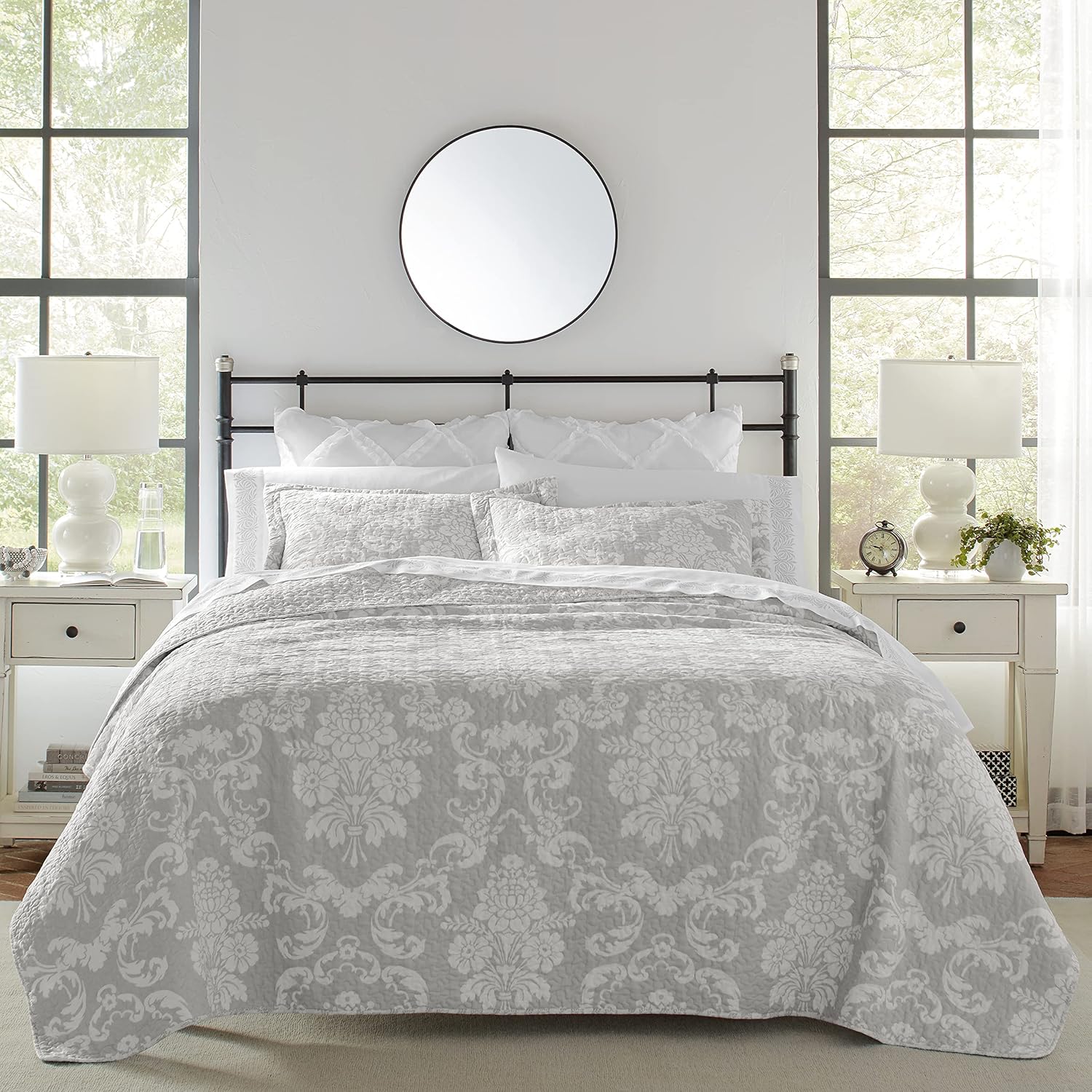 Laura Ashley Queen Quilt Set with Shams Venetia Grey 100 Cotton Reversible Bedding