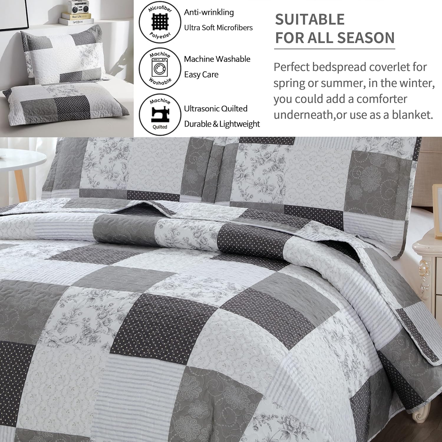 Jessy Home Modern Queen Bedspread Quilt Set - Grey Paisley Floral Plaid Reversible