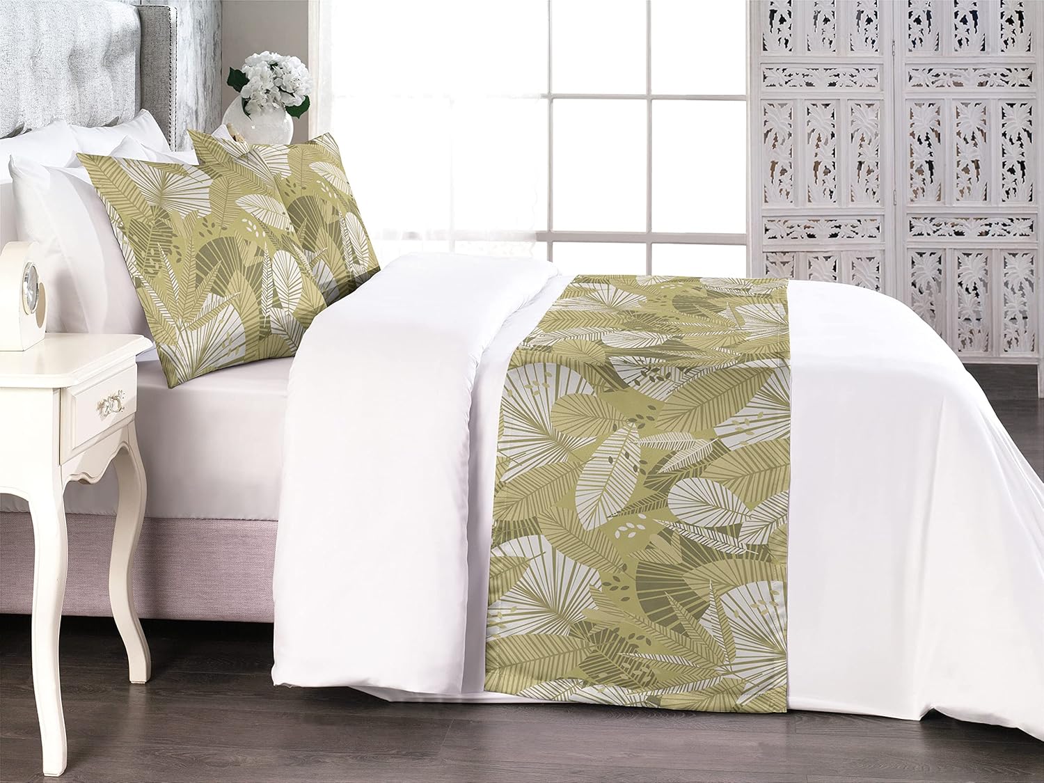 Ambesonne Tropical Bed Runner Set King Size Pale Khaki Army Green
