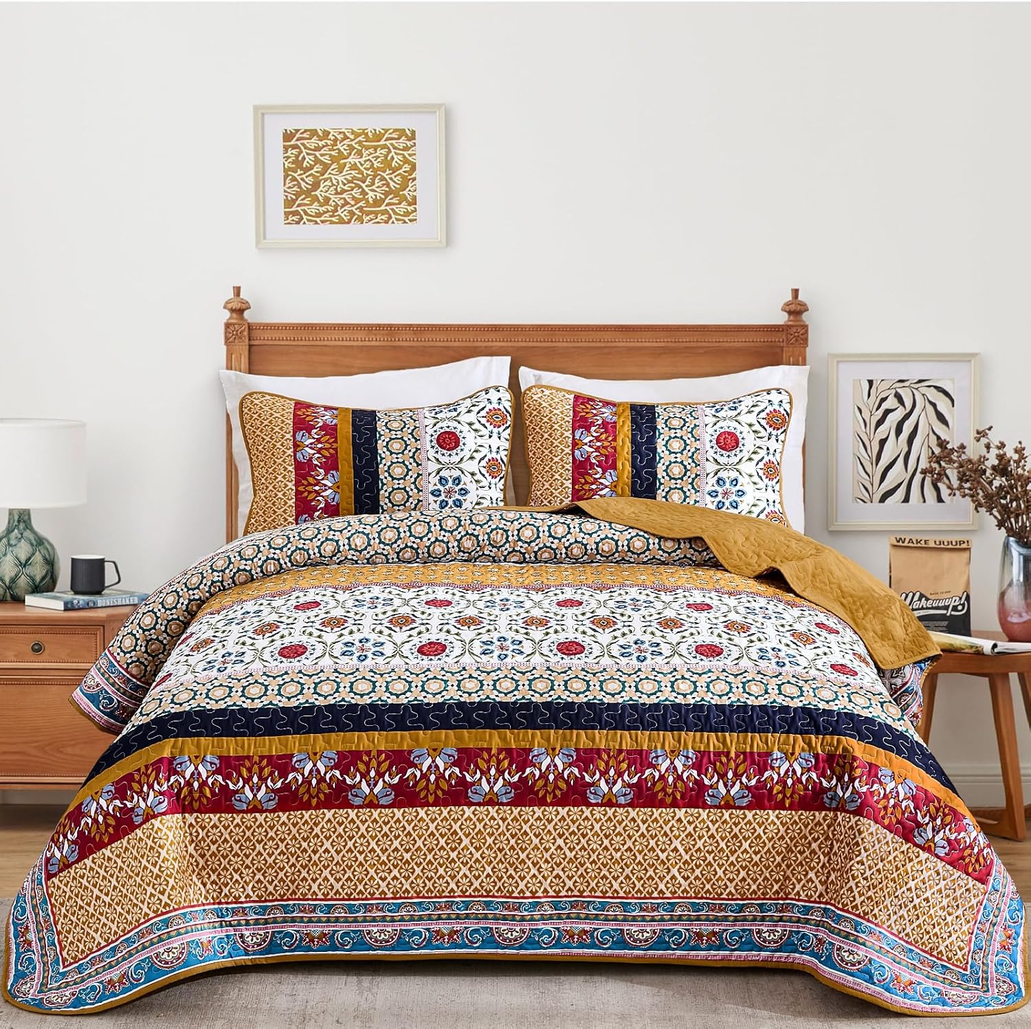 Yiran Boho Quilt Set Queen Size Tango Orange Patchwork Bedspreads