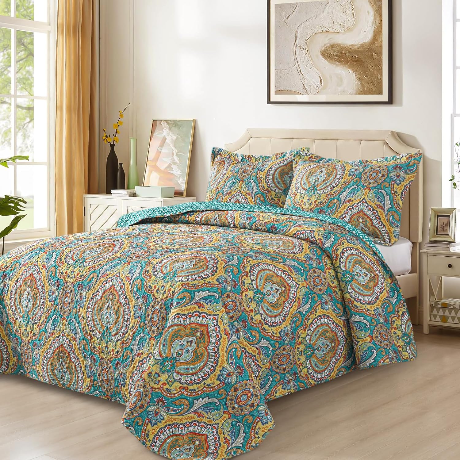 VAPUTAR Quilt Queen Bedding Set Yellow Blue 3 Pieces