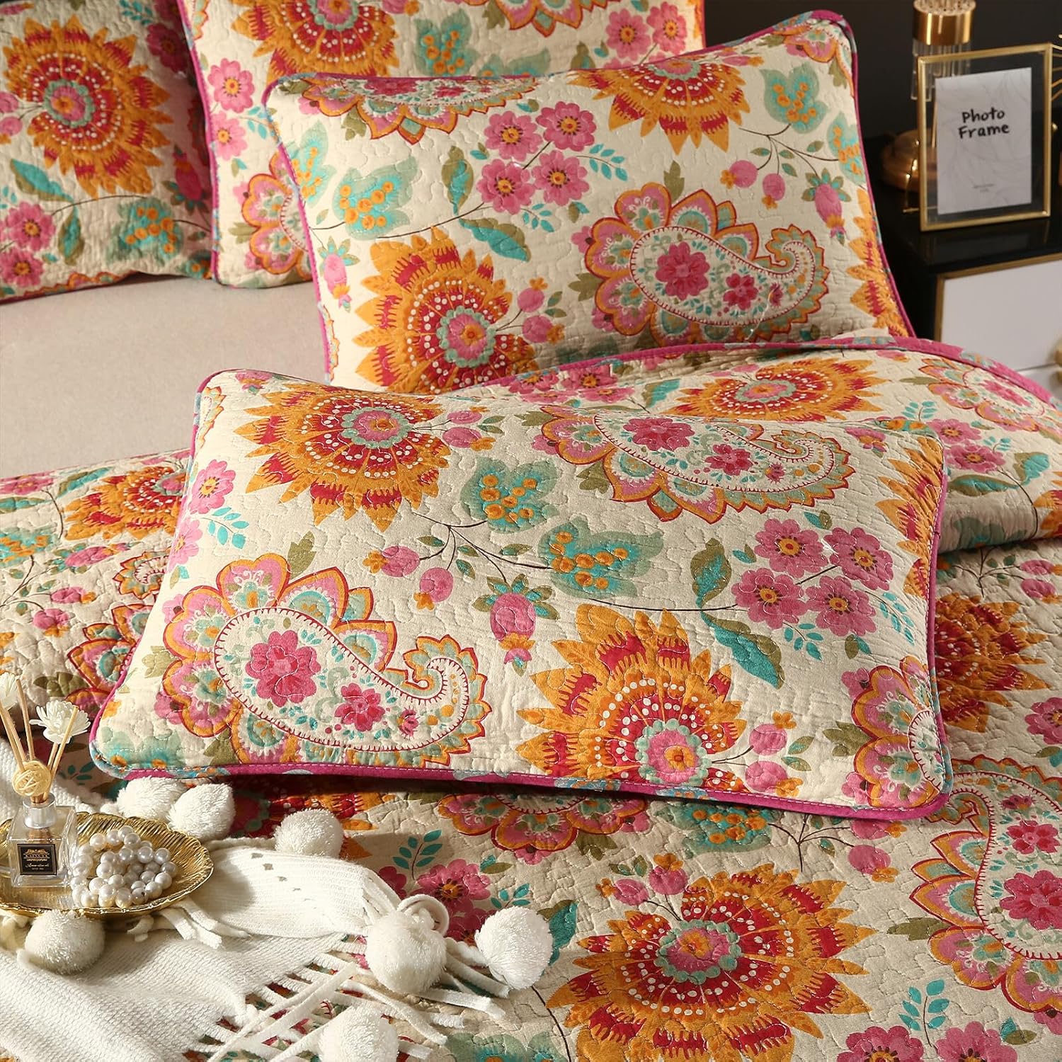 YASMENG 100 Cotton Boho King Quilt Set 3 Pc