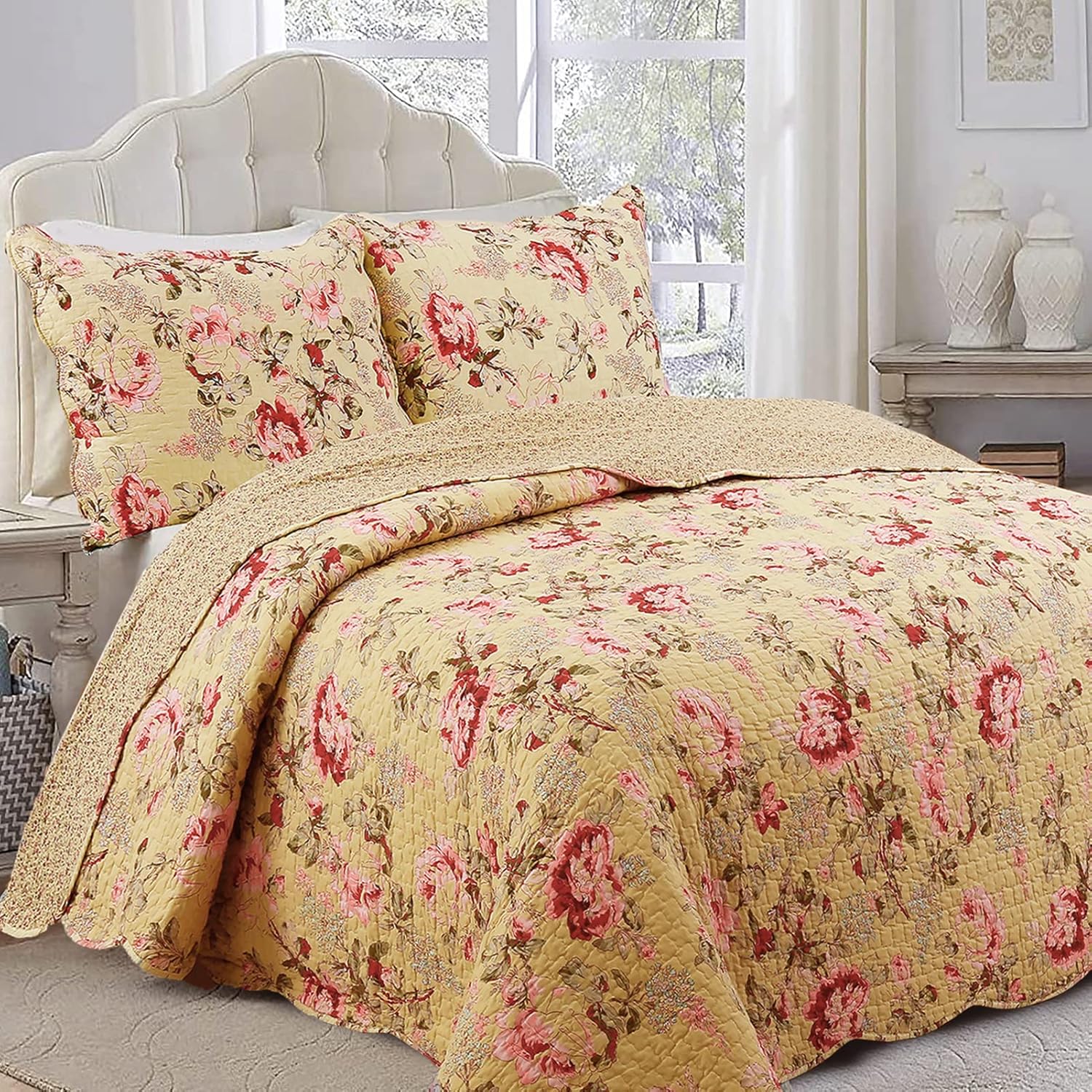 Cozy Line Lelia Pink Rose Reversible Quilt Bedding Set King - 3 Piece 1
