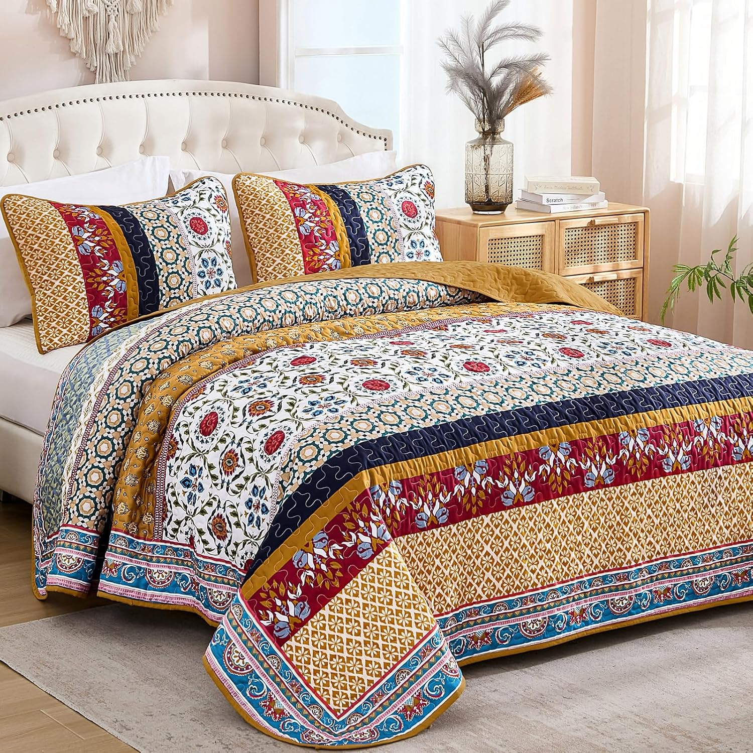 Yiran Boho Quilt Set Queen Size Tango Orange Patchwork Bedspreads