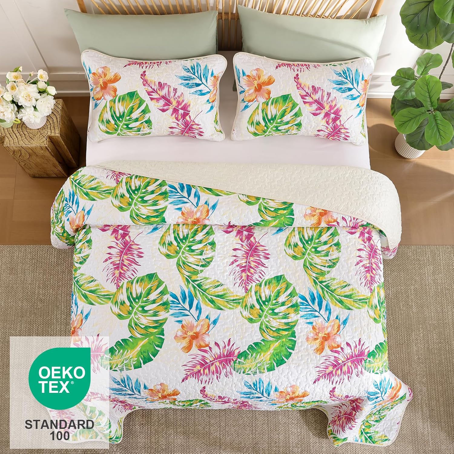 Luxudecor Tropical Plants Queen Quilt Set 3 Pieces