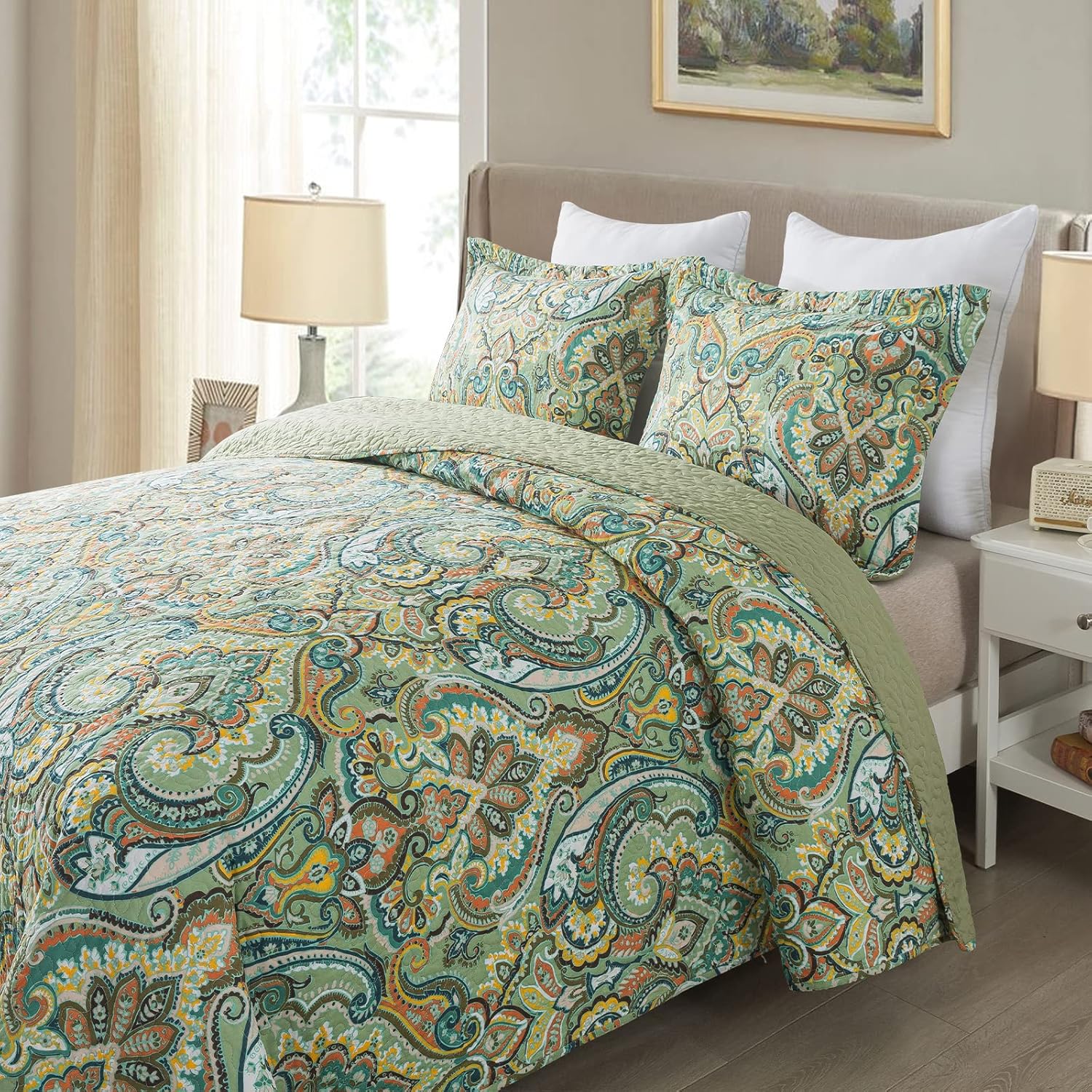 NEWLAKE Reversible Patchwork Quilt Set - European Green Floral California King